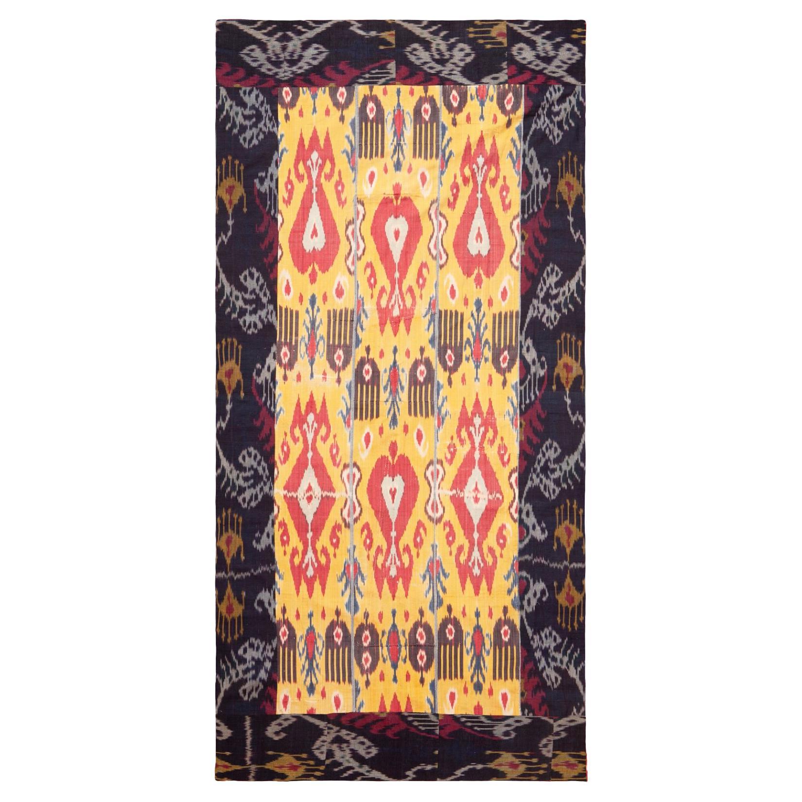 Nazmiyal Collection Ikat de seda antiguo Suzani uzbeko 3 pies 8 pulgadas x 7 pies 7 pulgadas en venta