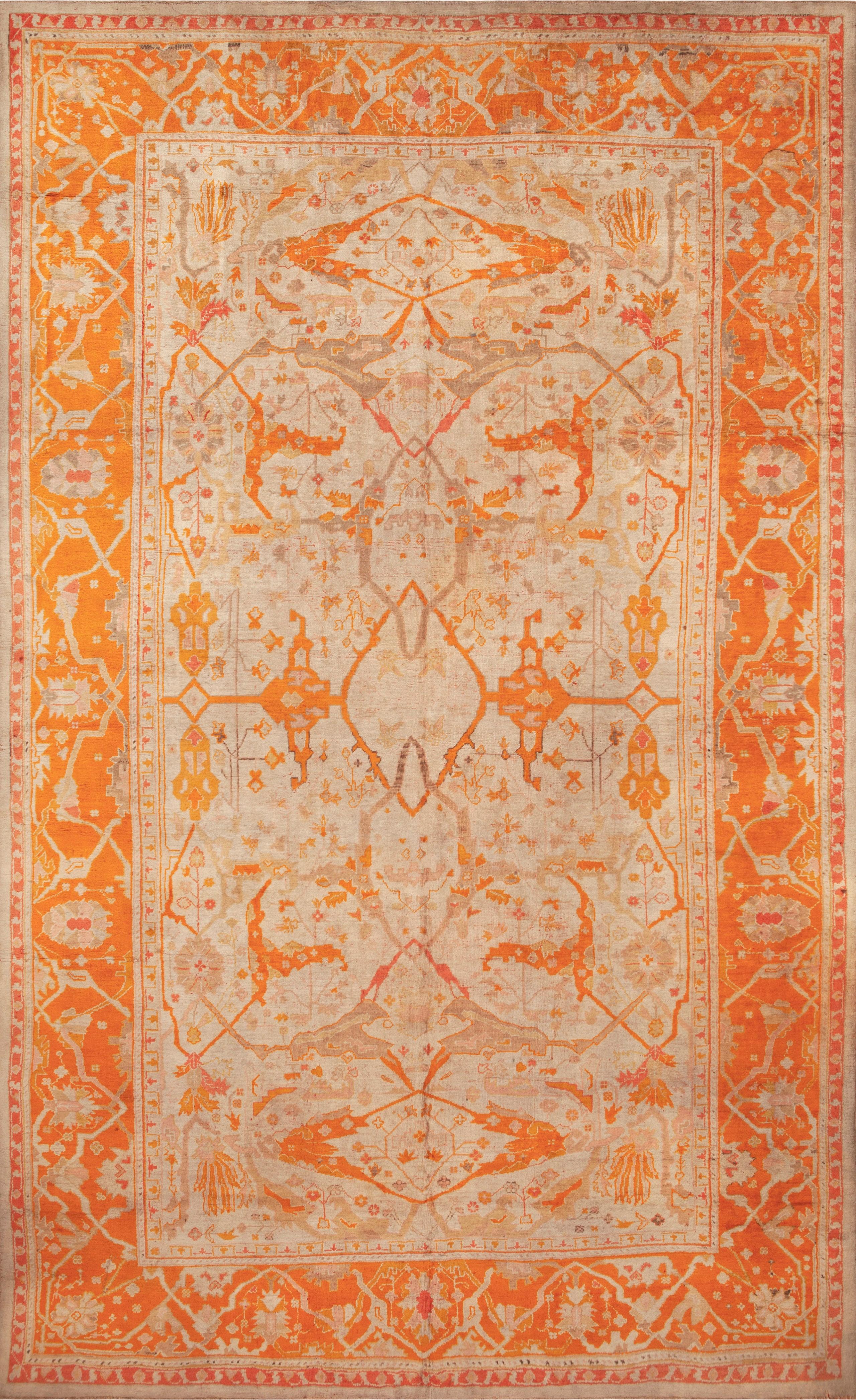 Erstaunlicher antiker türkischer Oushak-Teppich mit verblasster Grandeur, Herkunftsland: Türkei, CIRCA Datum: 1900