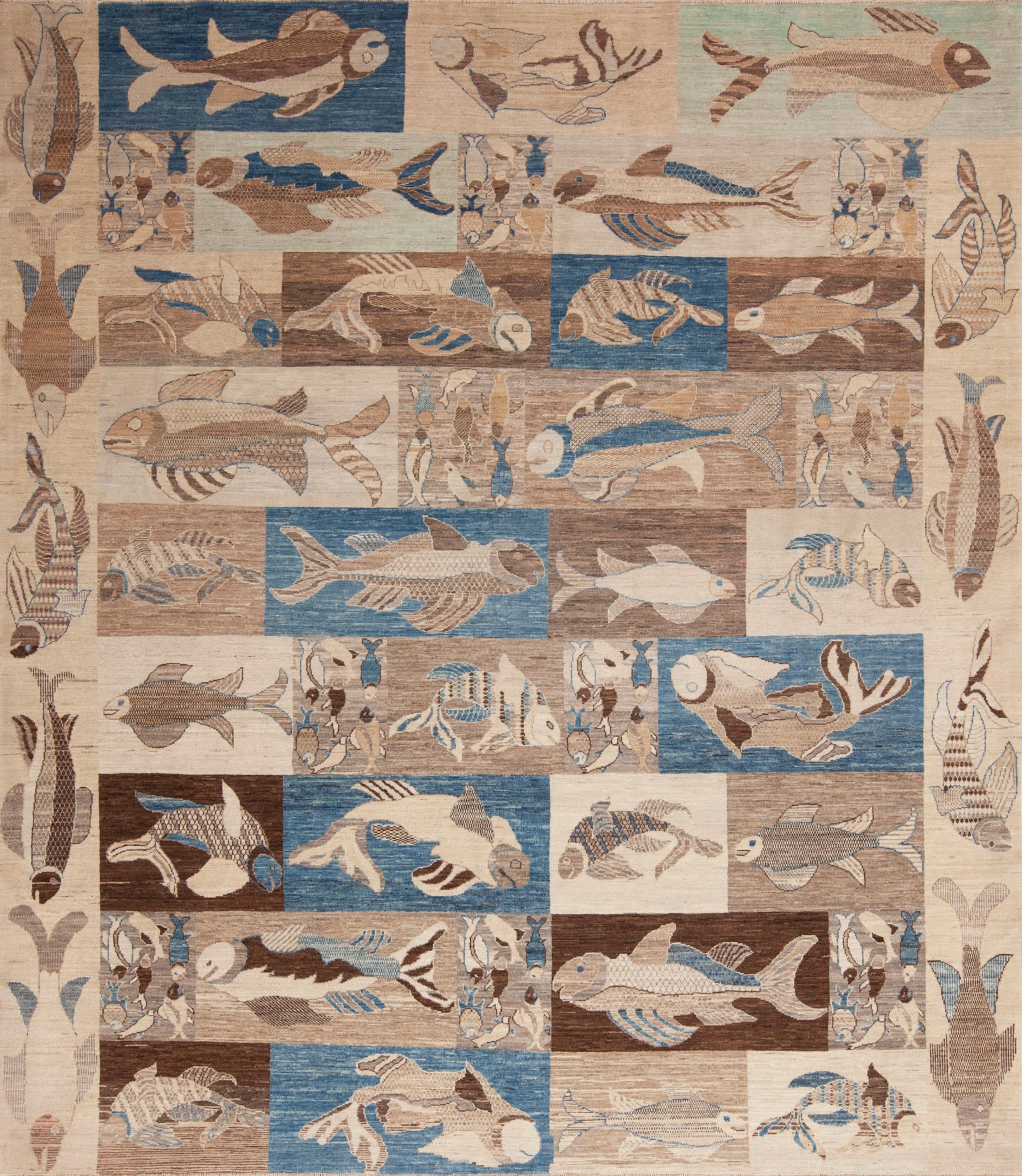 Hand-Knotted Nazmiyal Collection Artistic Aquatic Fish Pattern Modern Area Rug 8'4