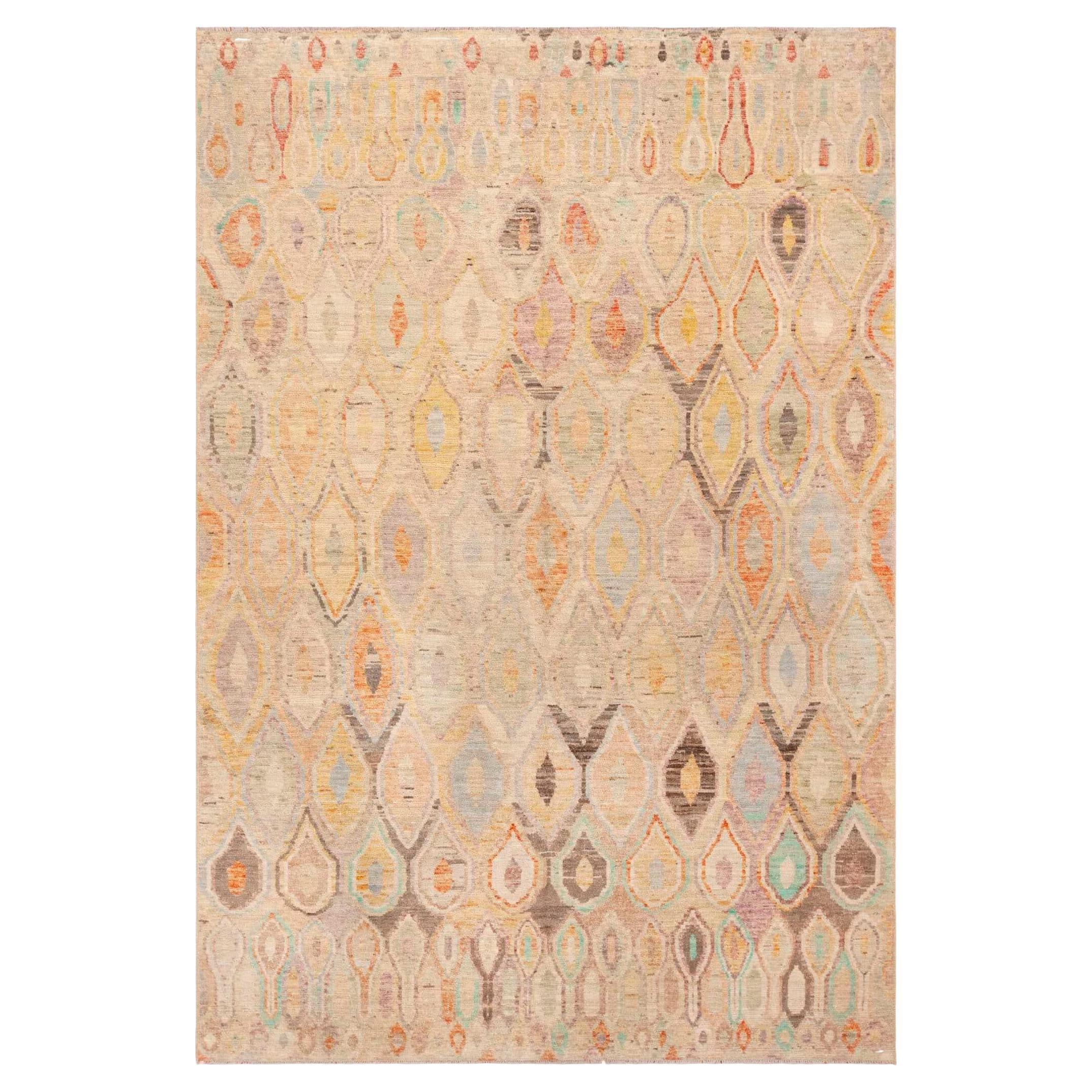 Nazmiyal Collection Beautiful Light Cream Tribal Contemporary Rug 6'7" x 9'9" For Sale