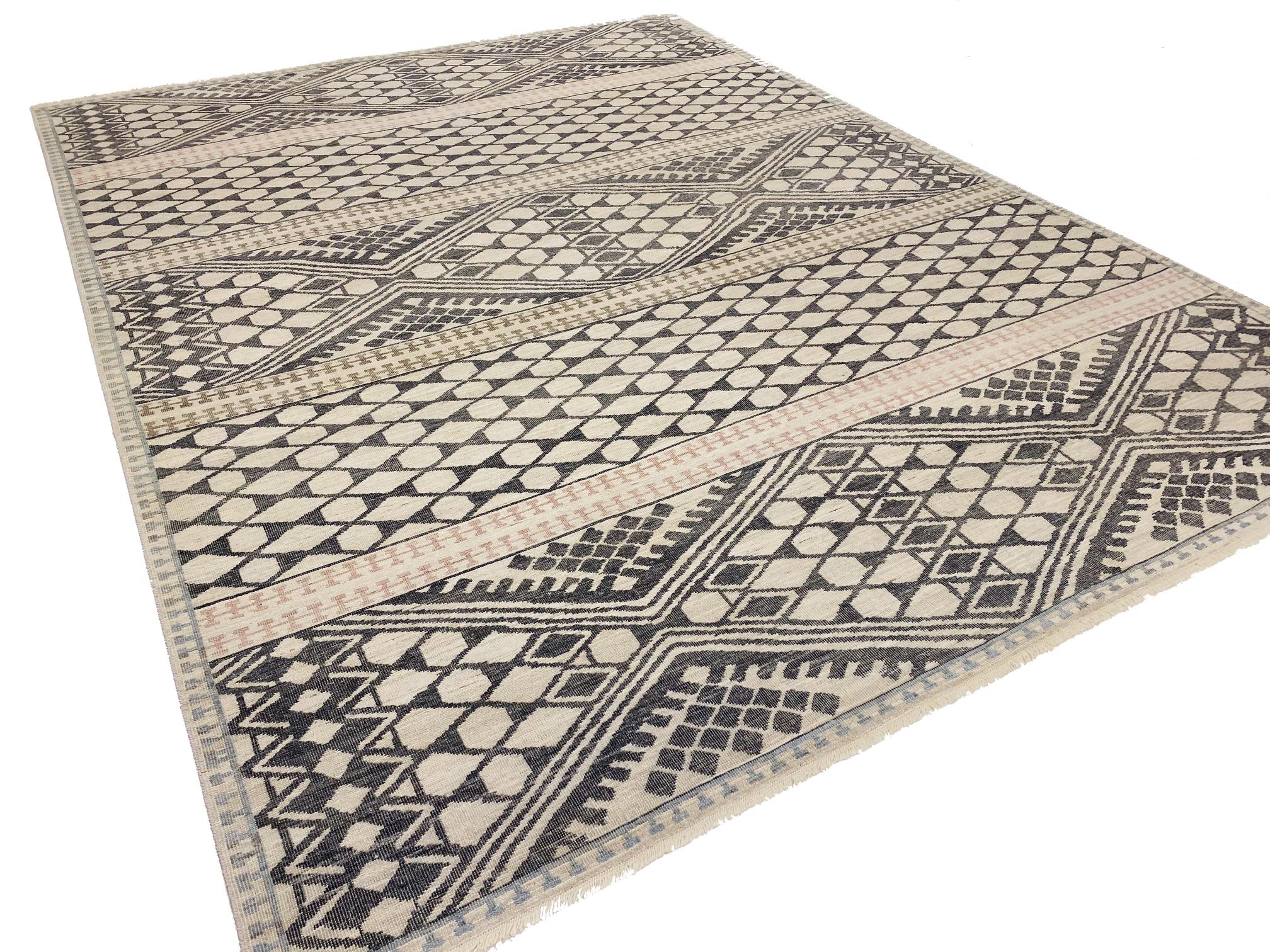Wool Nazmiyal Collection Beige Geometric Modern Boutique Area Rug 12 ft x 18 ft