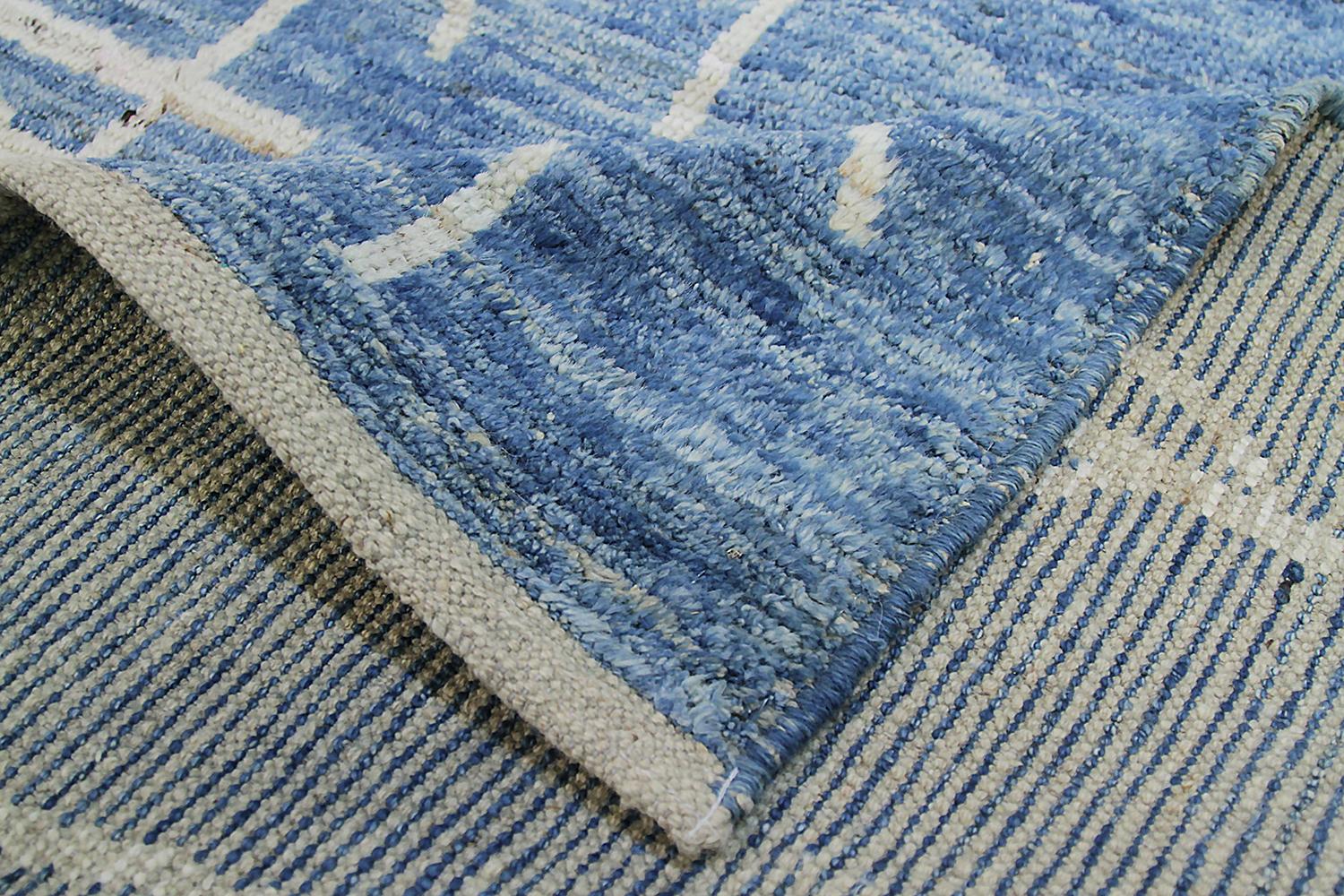 Nazmiyal Collection Berber Blue Modern Moroccan Style Runner Rug 4ft 2 in x 16ft In New Condition In New York, NY