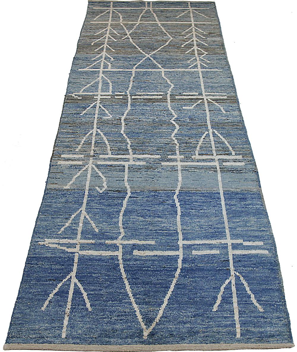 Contemporary Nazmiyal Collection Berber Blue Modern Moroccan Style Runner Rug 4ft 2 in x 16ft