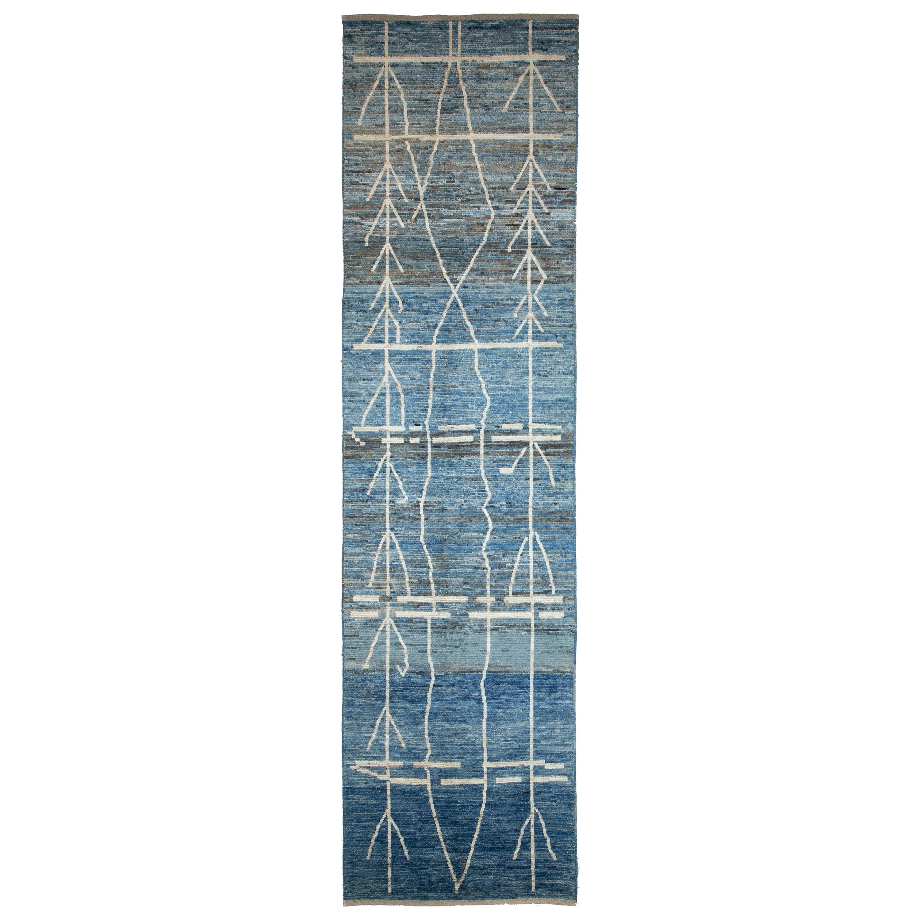 Nazmiyal Collection Berber Blue Modern Moroccan Style Runner Rug 4ft 2 in x 16ft