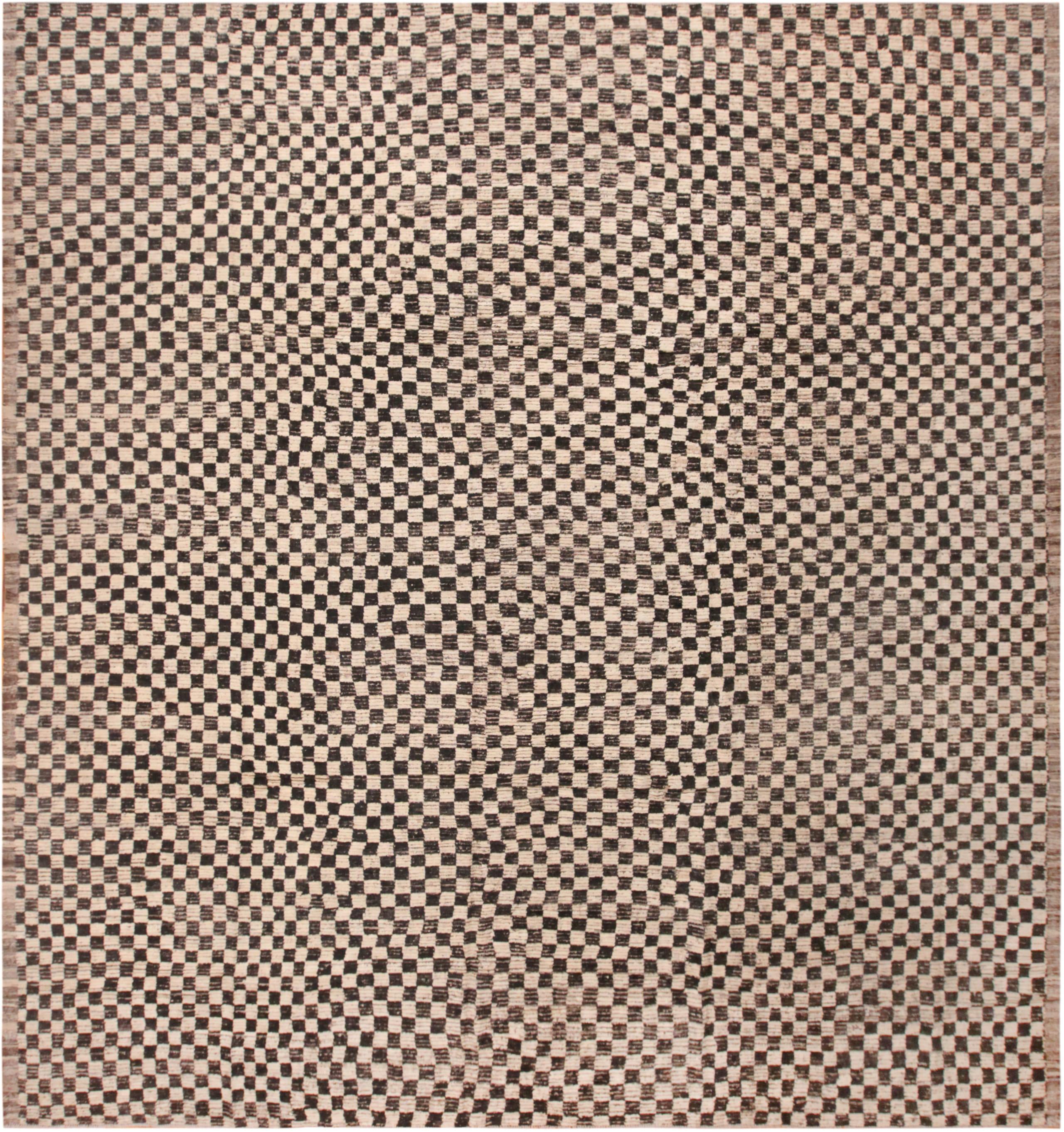 Central Asian Nazmiyal Collection Black and White Checker Design Modern Rug 14'6