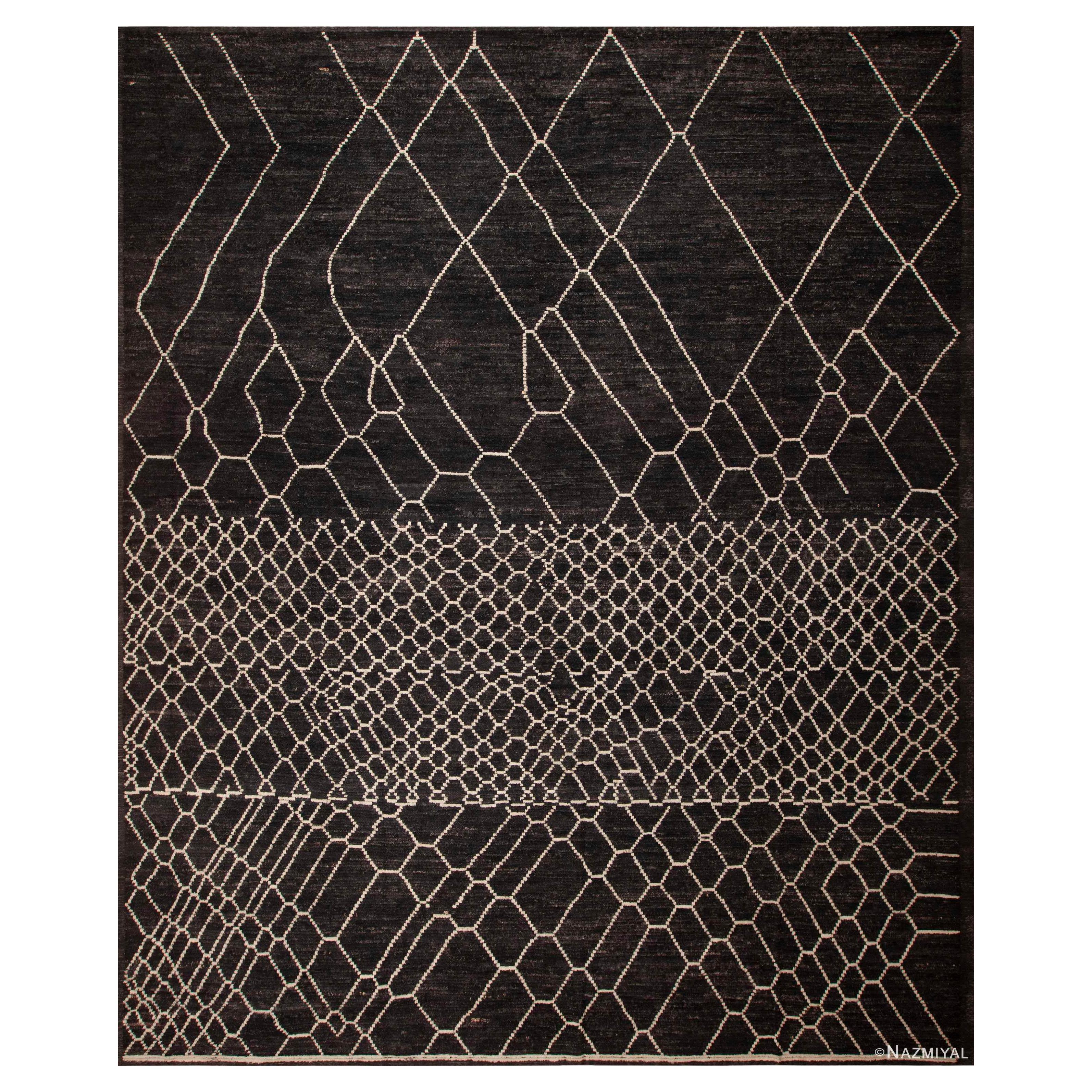 Nazmiyal Collection Black and White Tribal Berber Beni Ourain Rug 14'2" x 16'10" For Sale