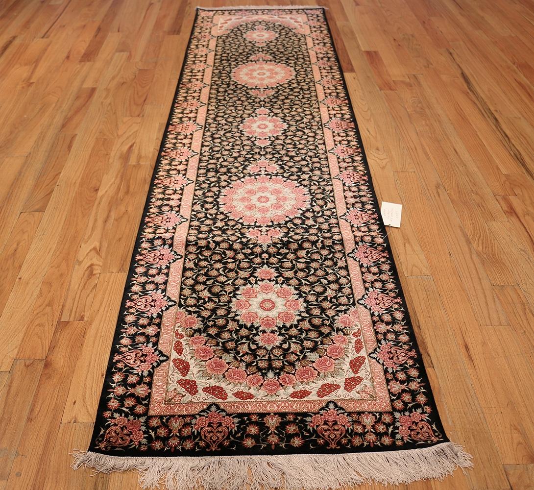 Beautiful Black Background Silk Qum Persian Runner Rug, Country of Origin / Rug Type: Modern Persian Rug, Circa Date: Late 20th Century