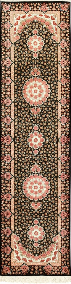 Nazmiyal Collection Black Background Silk Qum Persian Runner Rug 2'8" x 9'8"