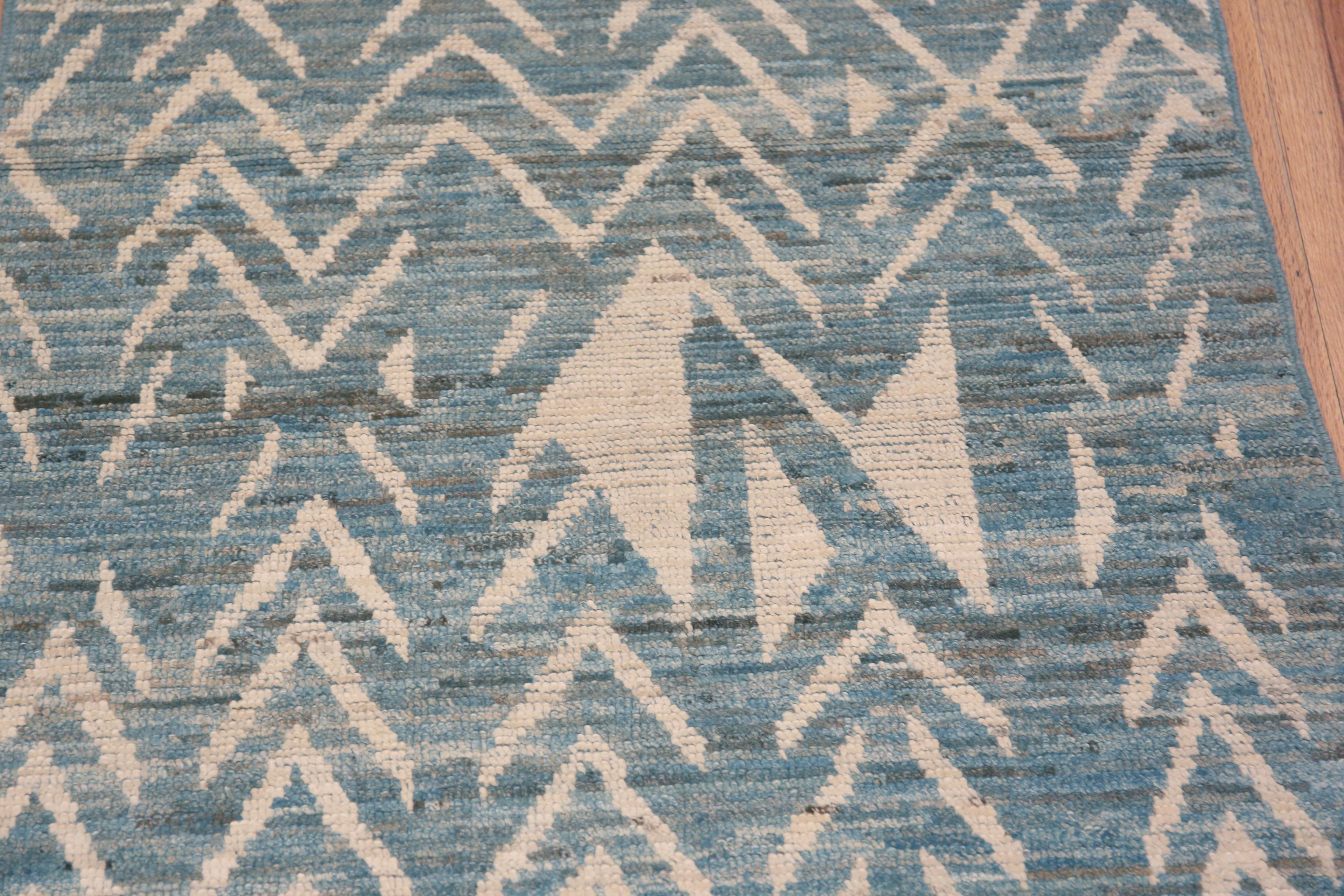 Hand-Knotted Nazmiyal Collection Blue Abrash and Tribal Geometric Ivory Modern Rug 3' x 10'8