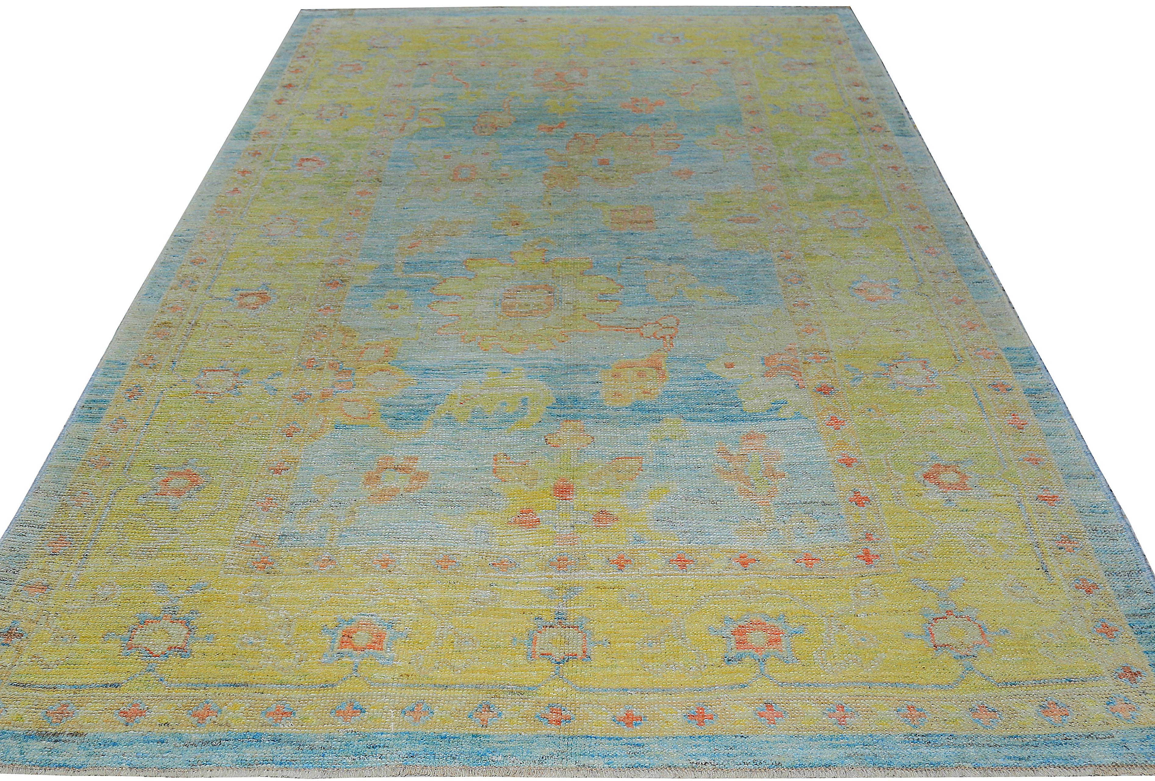 Nazmiyal Collection Blue Background Modern Turkish Oushak Rug 6ft 2in x 9ft 9in 1