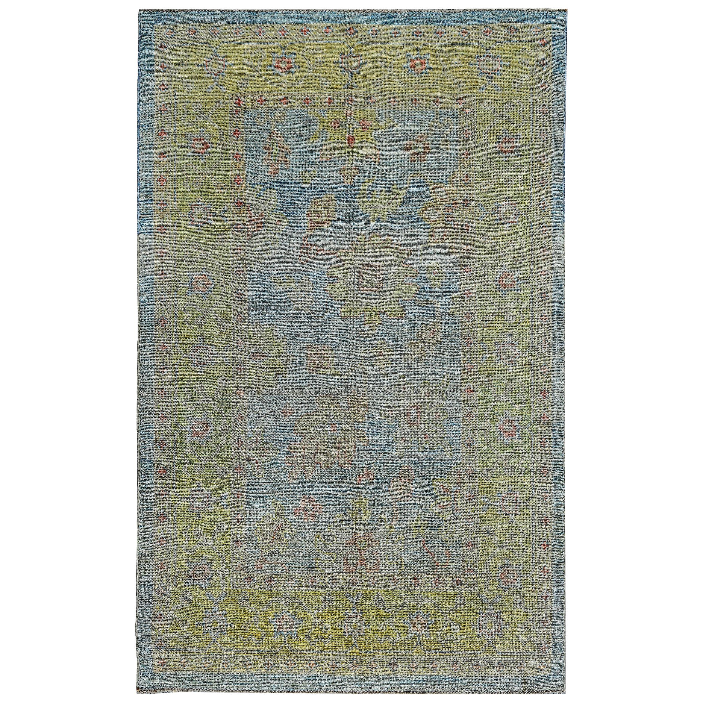 Nazmiyal Collection Blue Background Modern Turkish Oushak Rug 6ft 2in x 9ft 9in