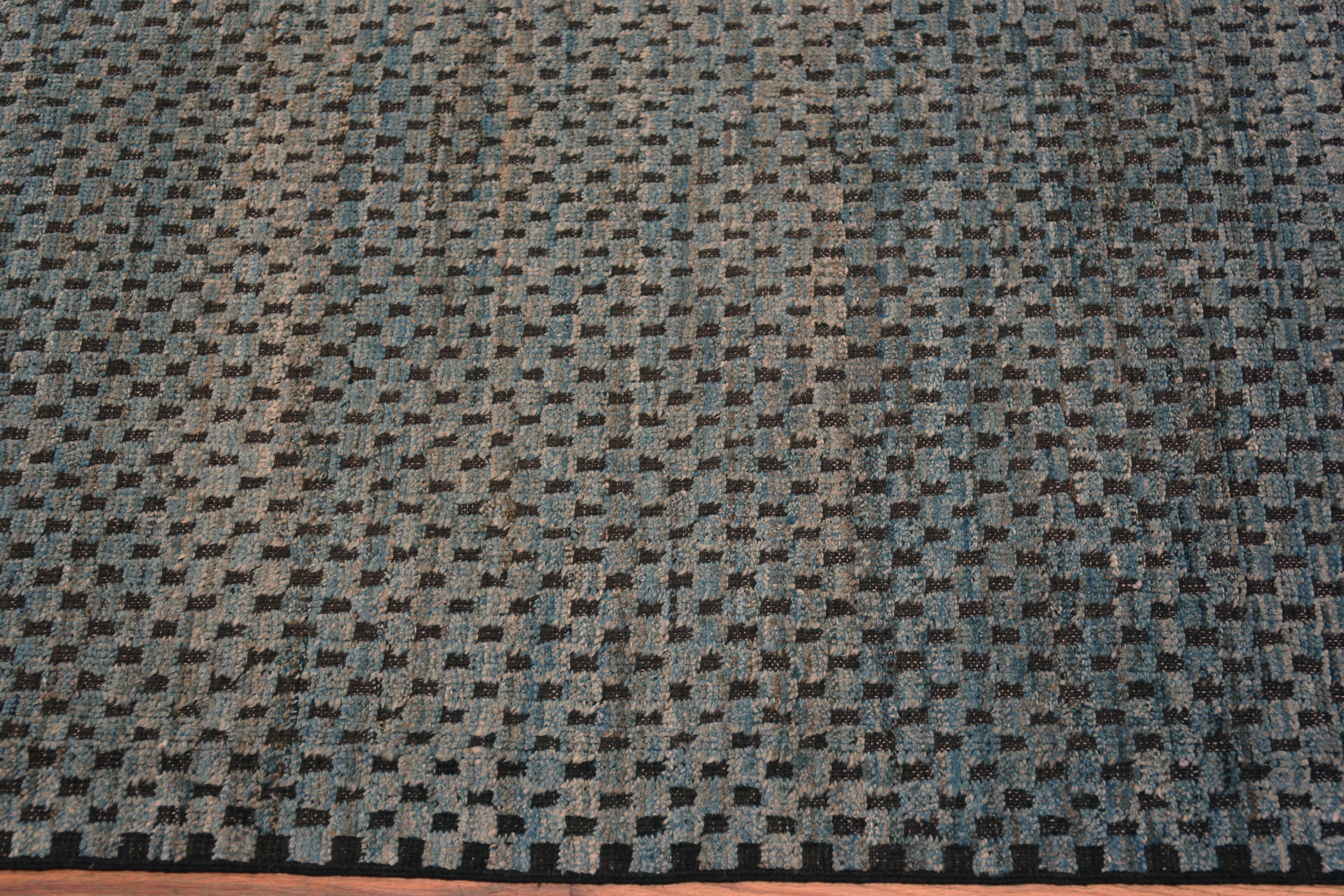 Decorative Blue Grey Allover Brown Checkerboard Design Modern Handmade Wool Pile Area Rug, Country of origin: Central Asia, Circa date: Modern Rugs