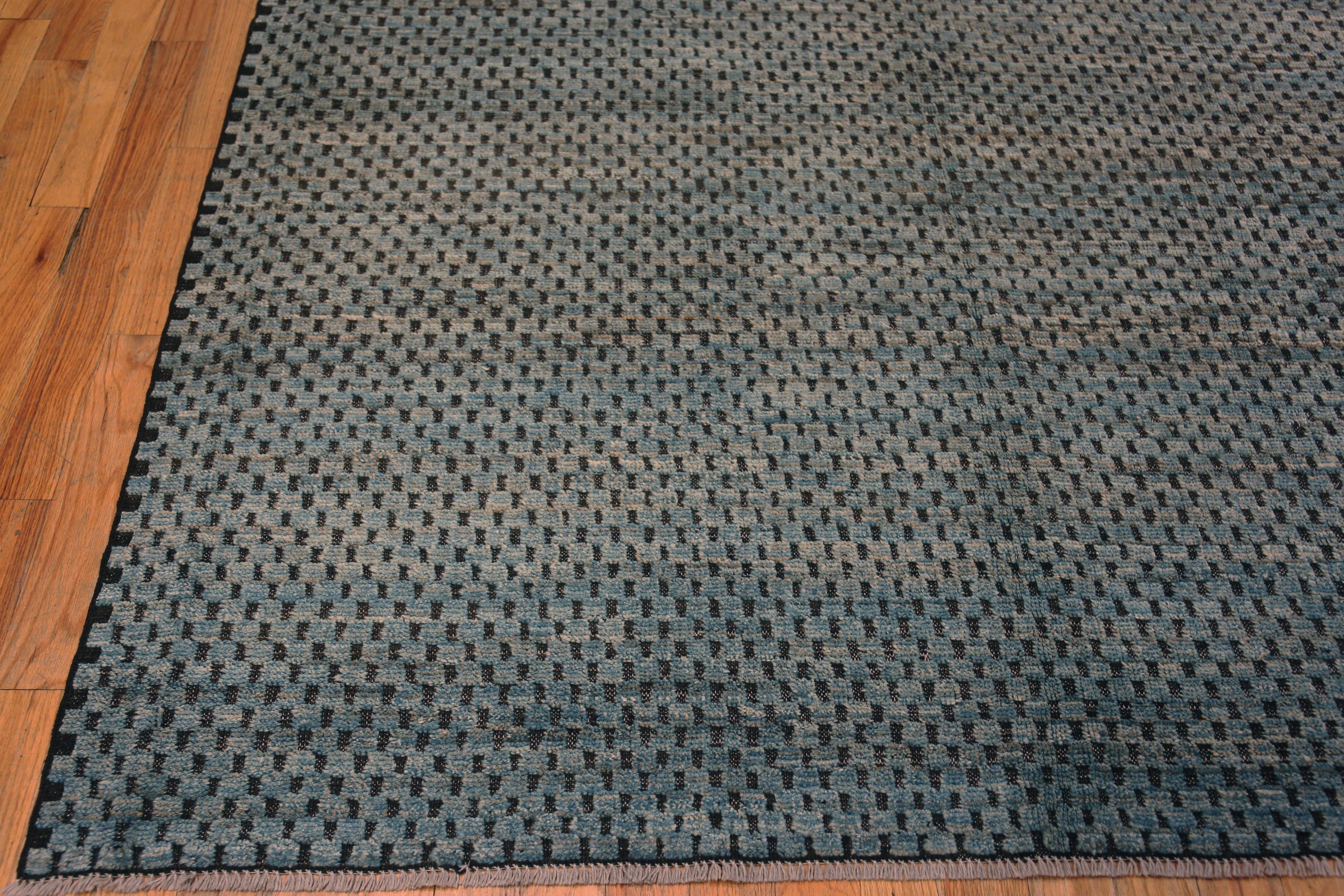Central Asian Nazmiyal Collection Blue Checkerboard Design Modern Wool Pile Rug 9'9