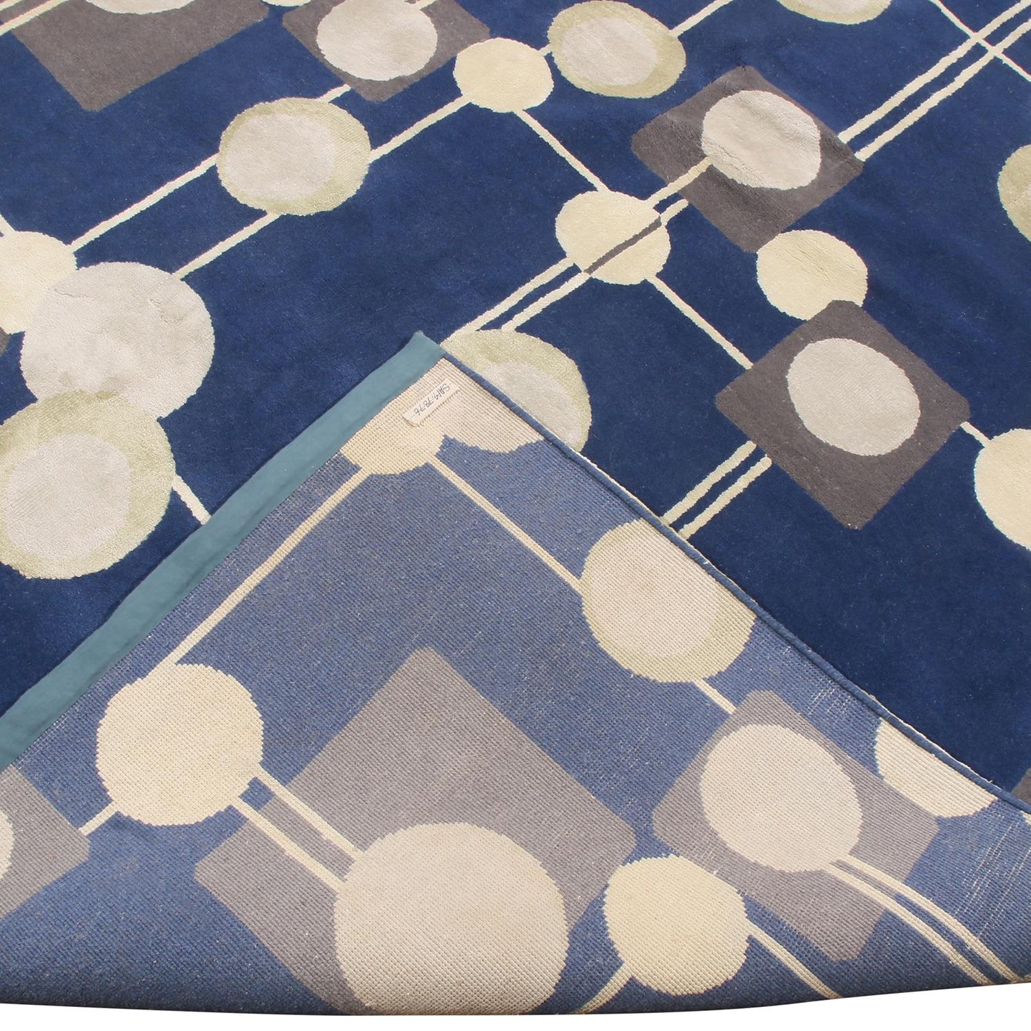 Indian Blue Circle Mid-Century Modern Rug 6 Ft 3 in x 8 Ft 2 in For Sale
