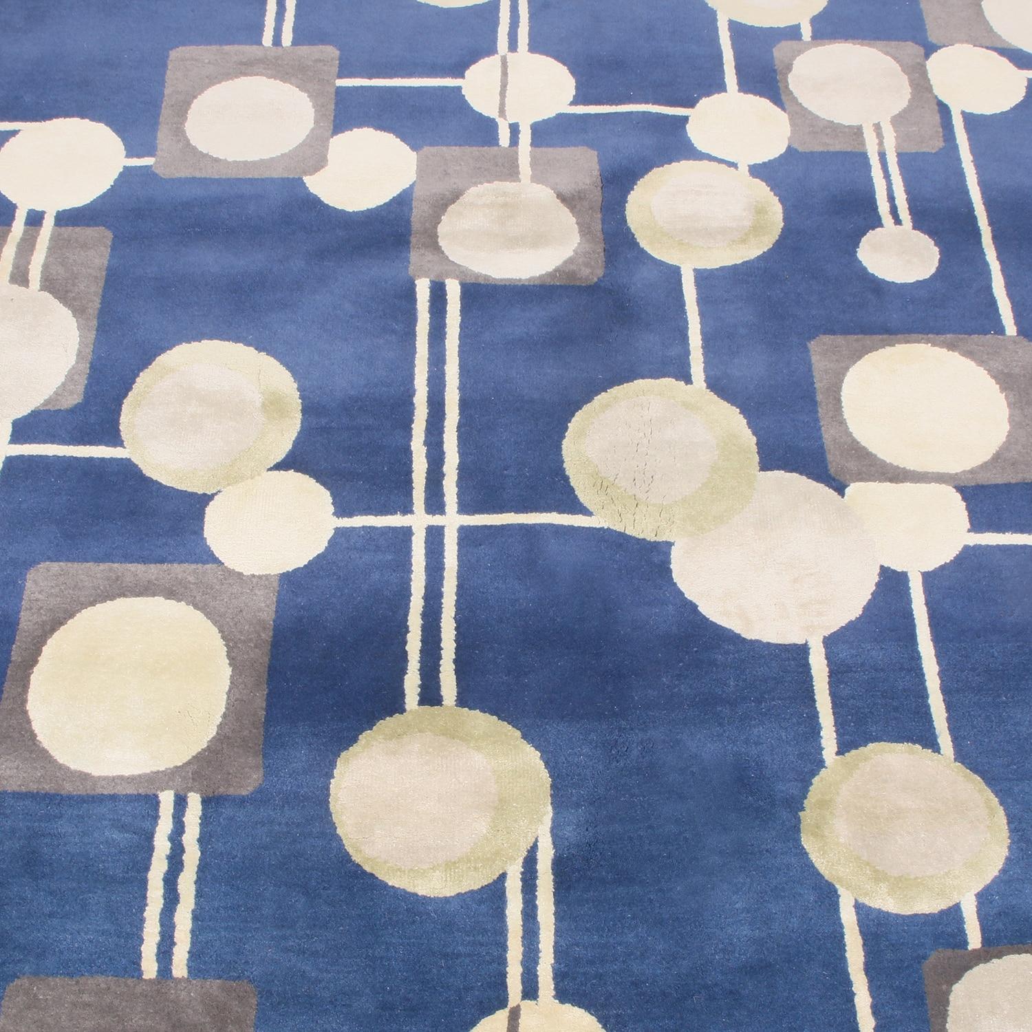 Hand-Knotted Blue Circle Mid-Century Modern Rug 6 Ft 3 in x 8 Ft 2 in For Sale