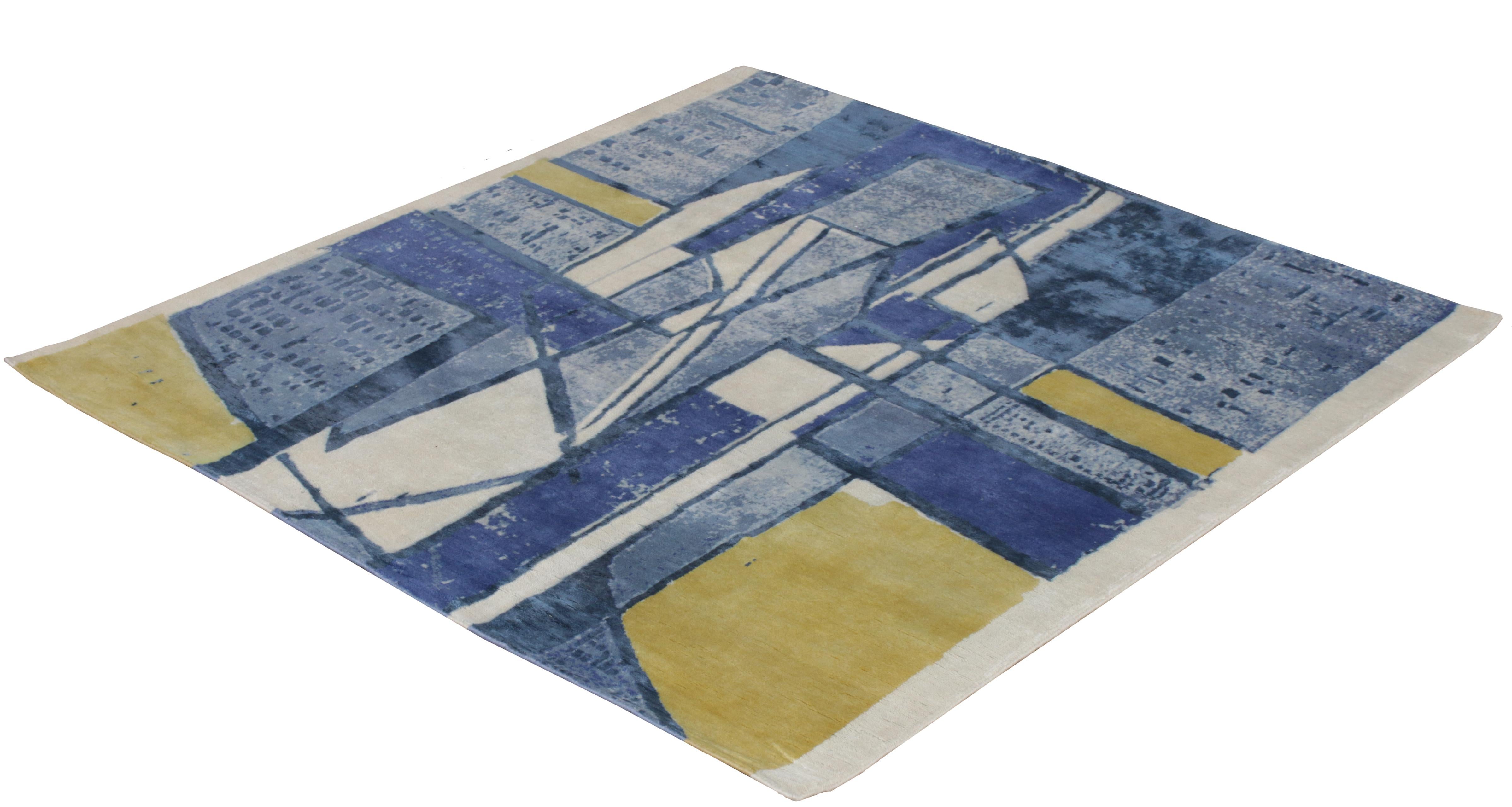 Divine Blue Yellow Geometric Mid Century Modern Rug. Country of Origin: India/ Circa Date: Modern - Size: 6 ft 2 in x 6 ft 4 in (1.87 m x 1.93m)
 