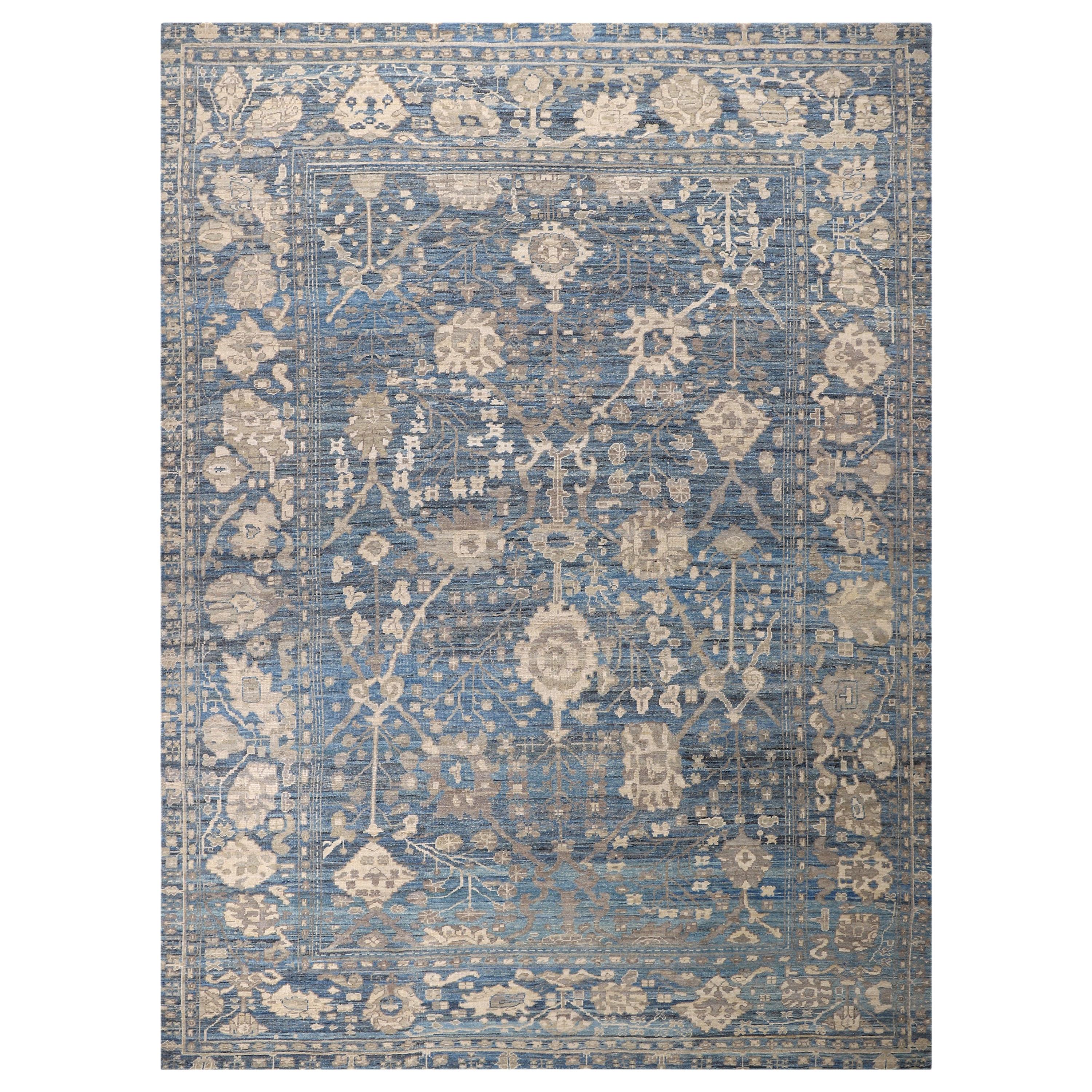 Nazmiyal Collection Blue Modern Turkish Oushak Rug 10 ft 2 in x 13 ft 8 in For Sale