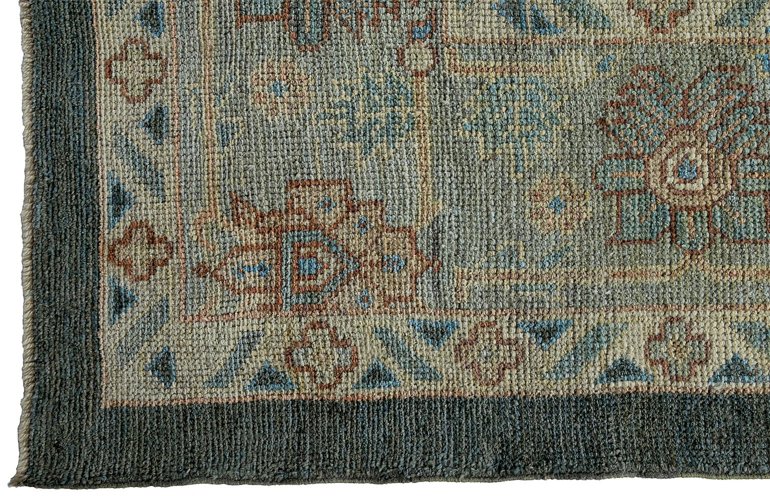 Hand-Knotted Nazmiyal Collection Blue Modern Turkish Oushak Rug 13 ft 10 in x 14 ft 10 in For Sale