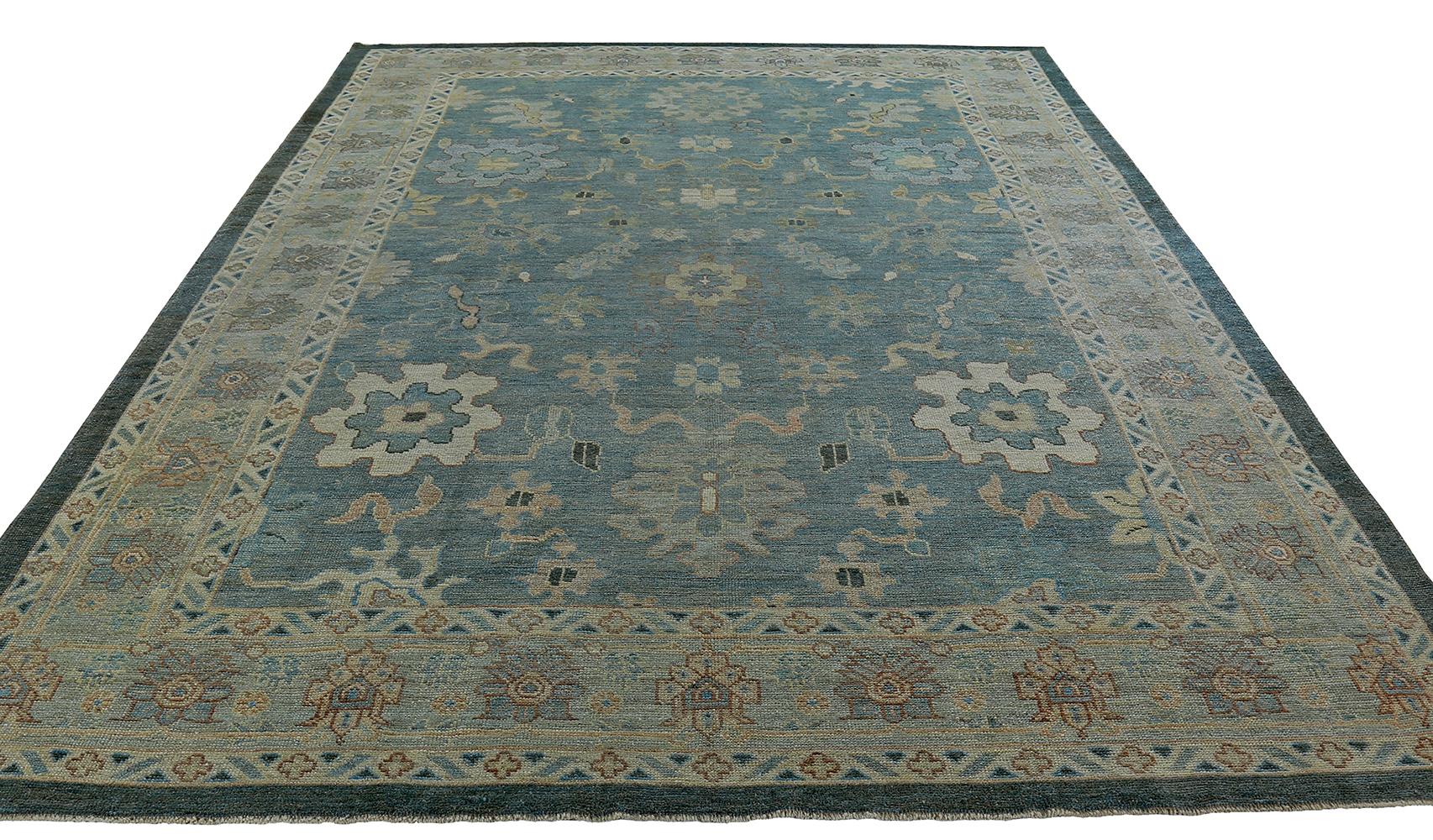 Nazmiyal Collection Blue Modern Turkish Oushak Rug 13 ft 10 in x 14 ft 10 in For Sale 2
