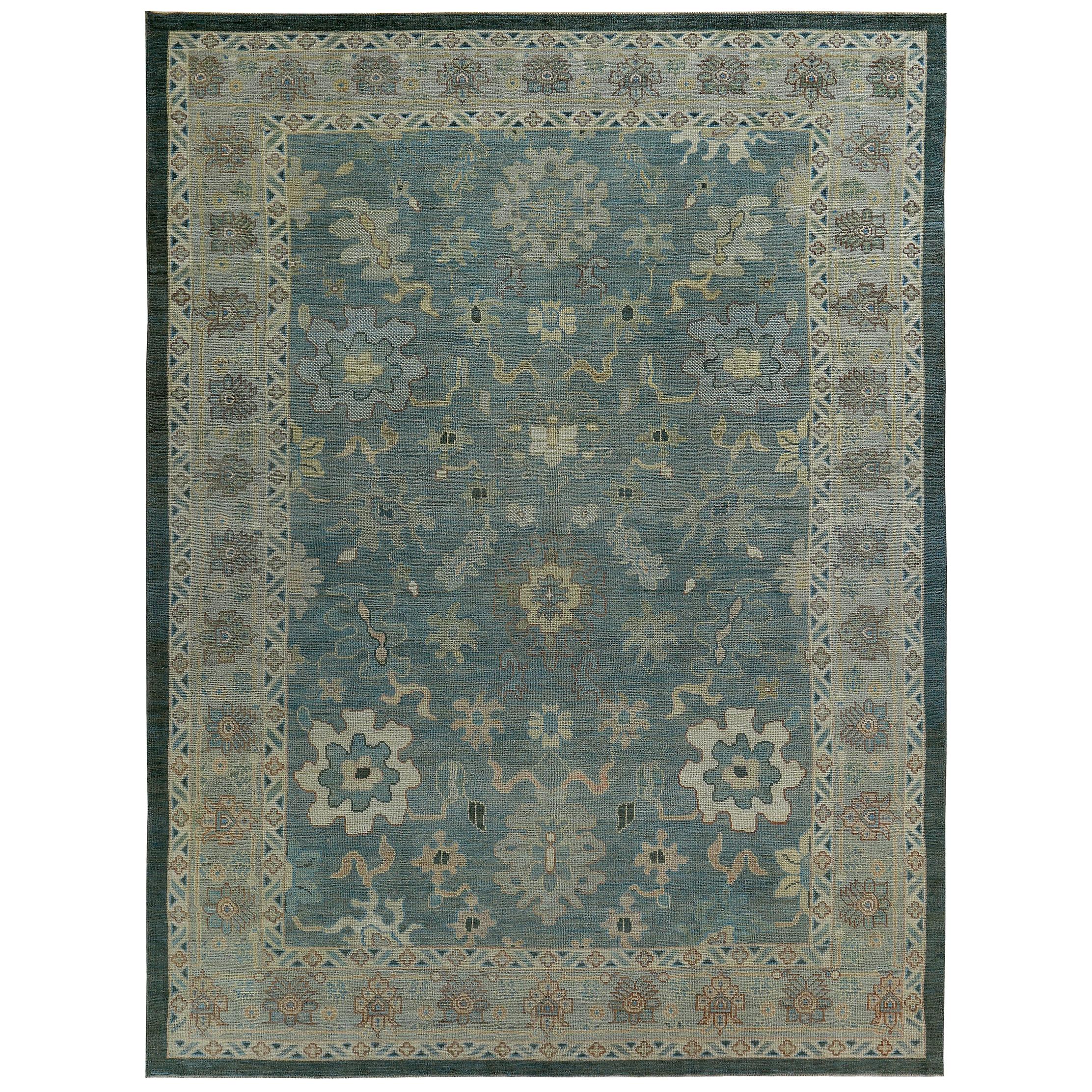 Nazmiyal Collection Blue Modern Turkish Oushak Rug 13 ft 10 in x 14 ft 10 in For Sale