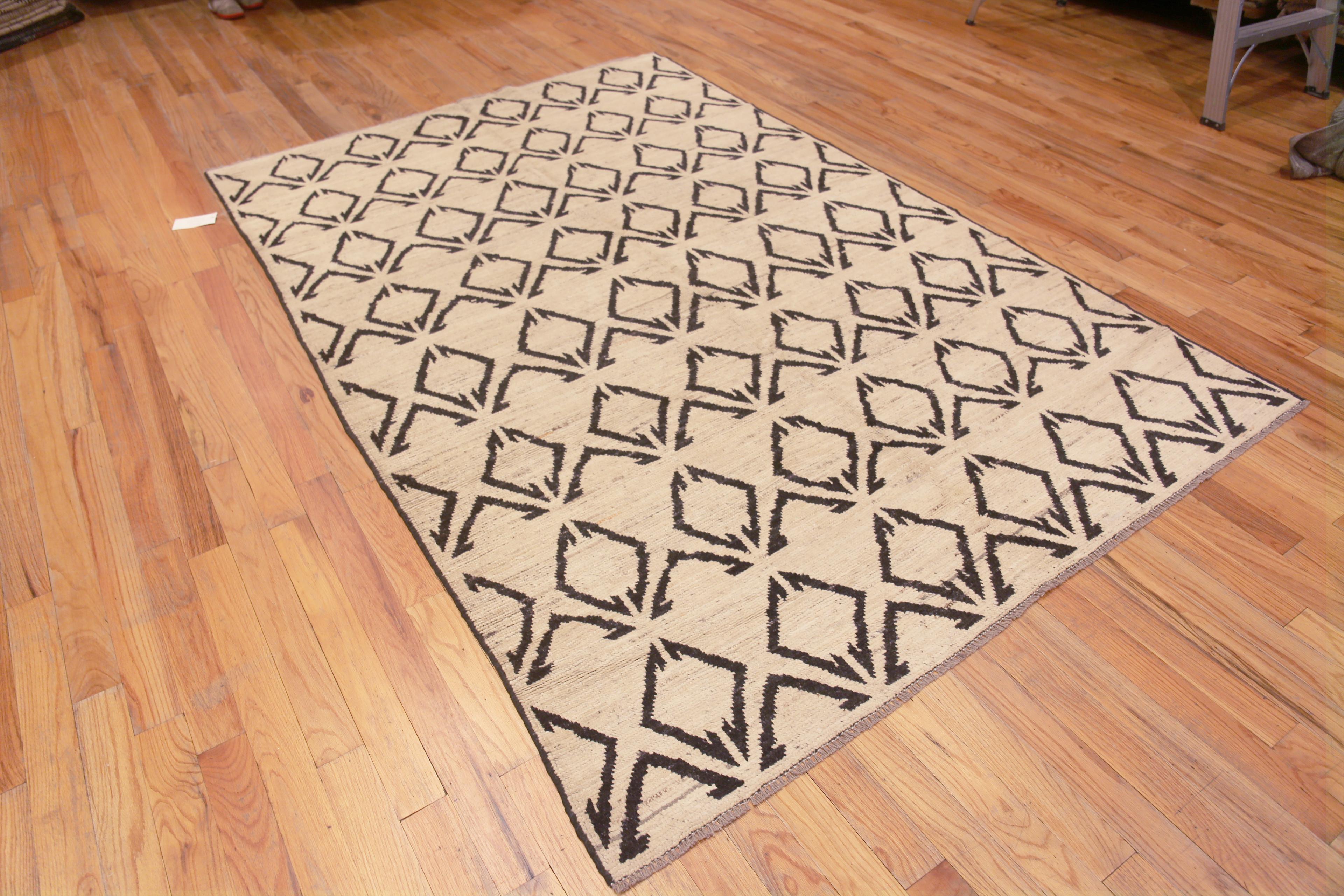 Extremely Artistic Light Ivory Cream Background Bold Charcoal Color Tribal Geometric Design Modern Area Rug, Country Of Origin: Central Asia, Circa Date: Modern Rug 