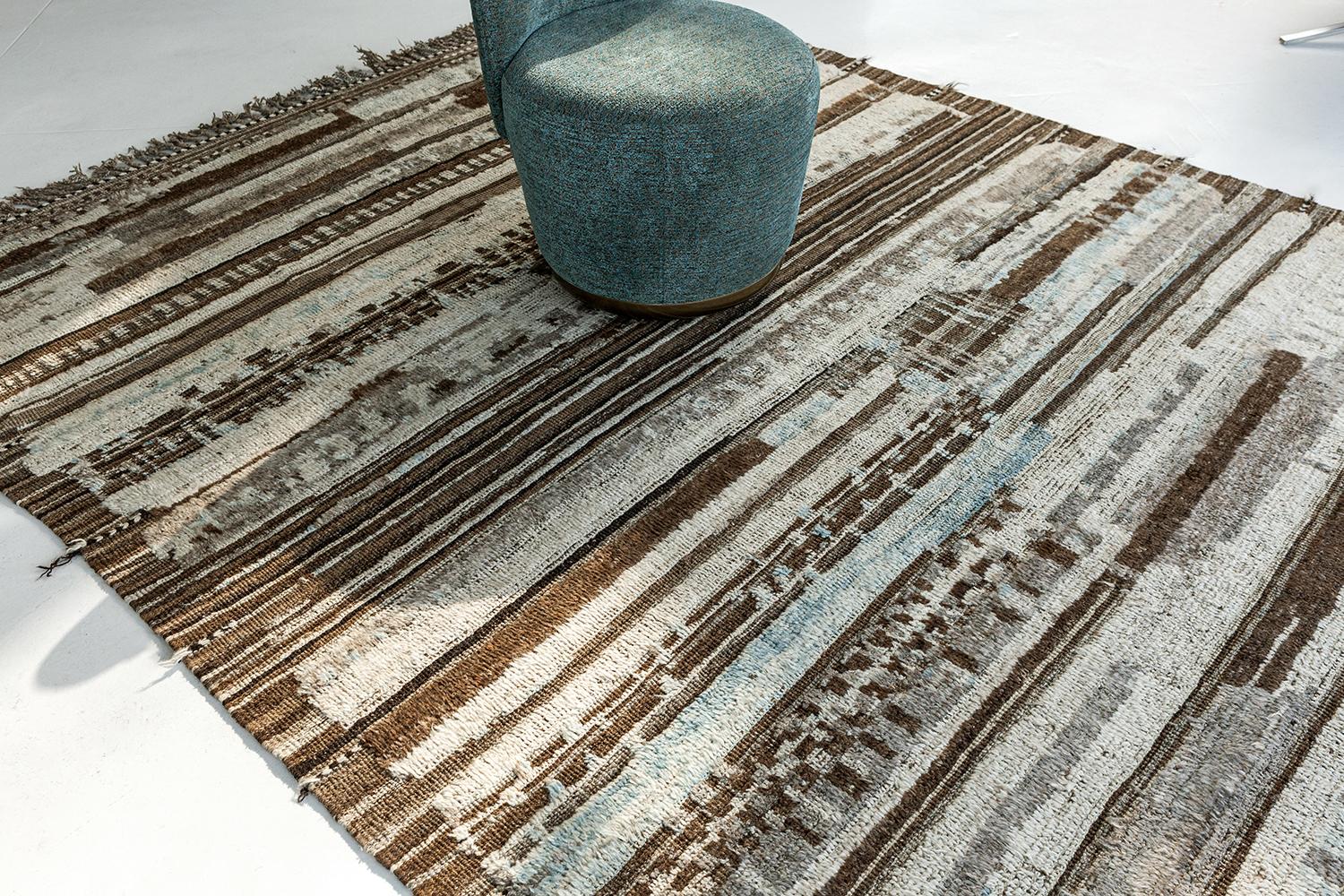 Captivating Brown And Blue Modern Distressed Rug, Country of Origin: Afghanistan, Circa Date: Modern. 7 ft 8 in x 9 ft 7 in (2.34 m x 2.92 m)