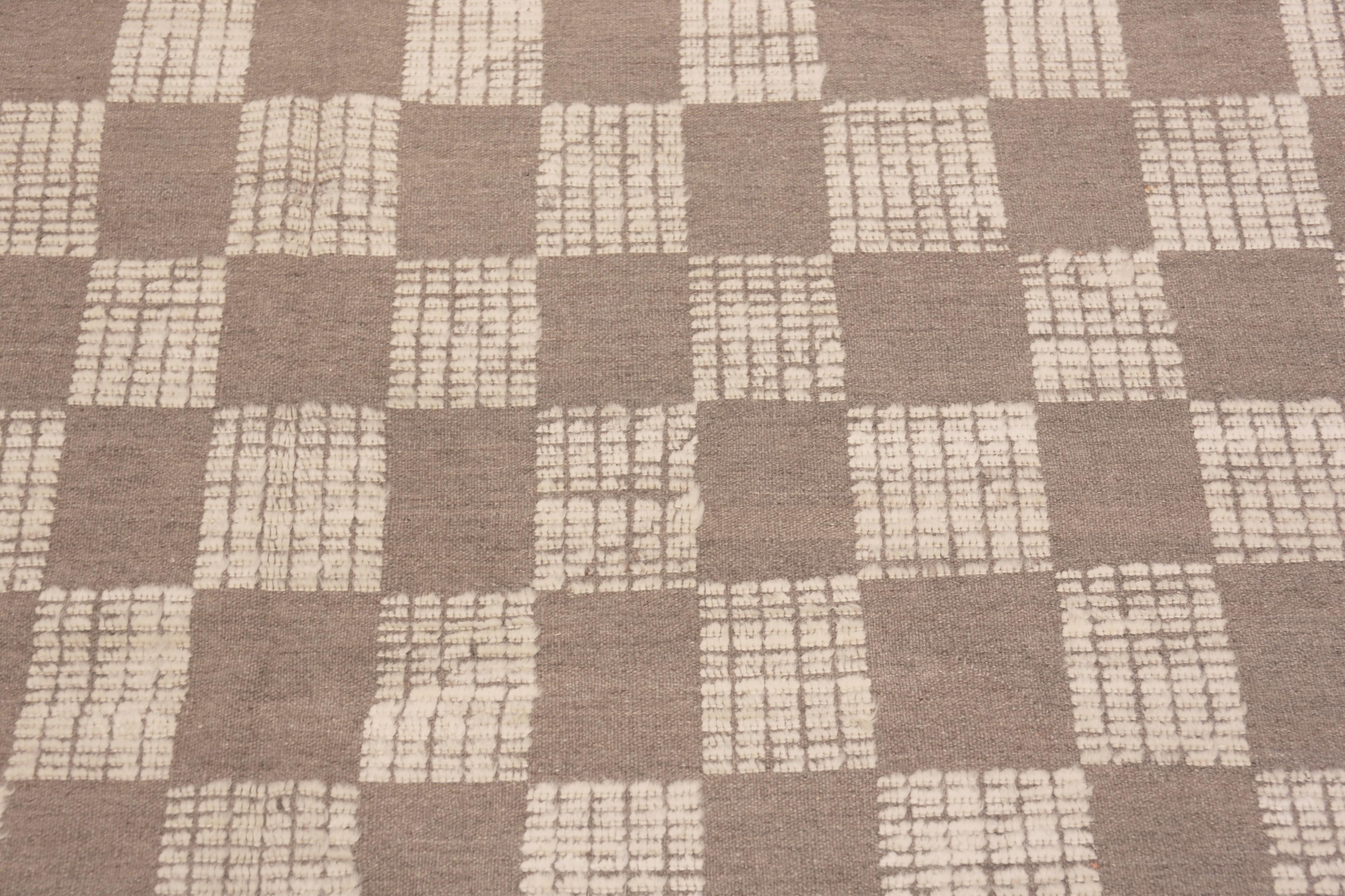 Charming Soft Brown Cream Tribal Checkerboard Design Modern Area Rug, Country of origin: Central Asia, Circa date: Modern Rugs