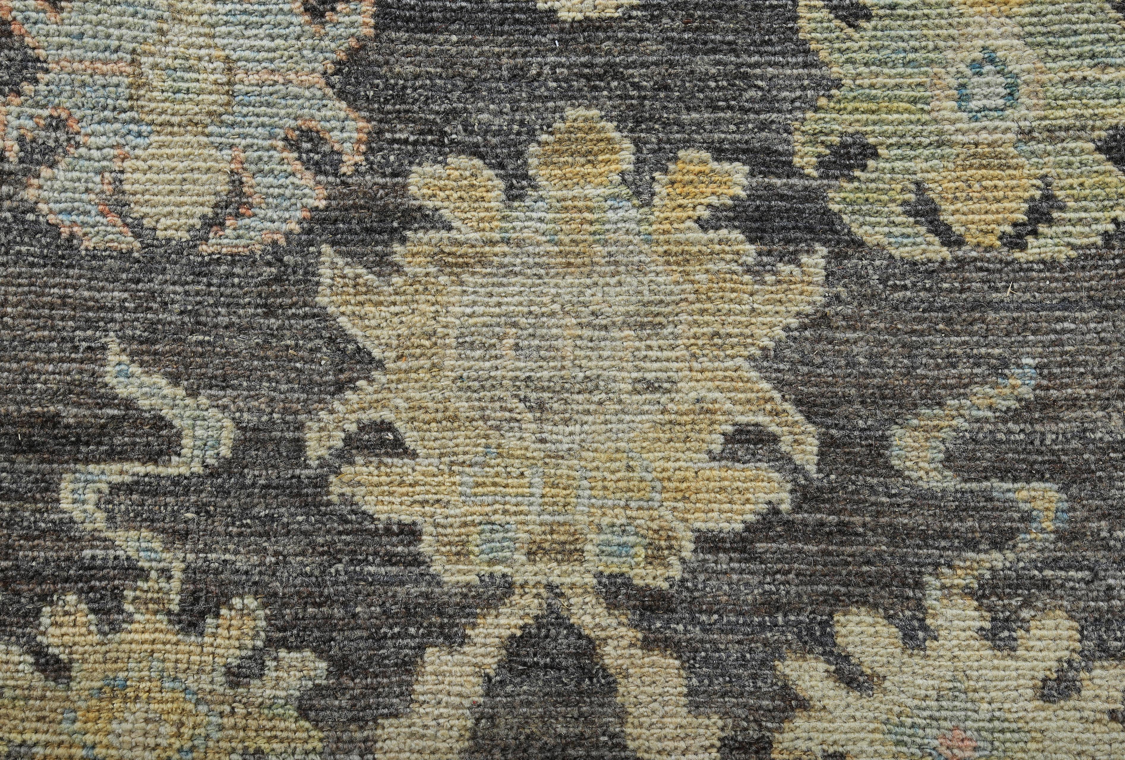 Charming Charcoal Background Floral Modern Turkish Oushak Runner Rug / Country of Origin: Turkey, Circa Date: Modern - Size: 3 ft 3 in x 18 ft 7 in (0.99 m x 5.66 m).
