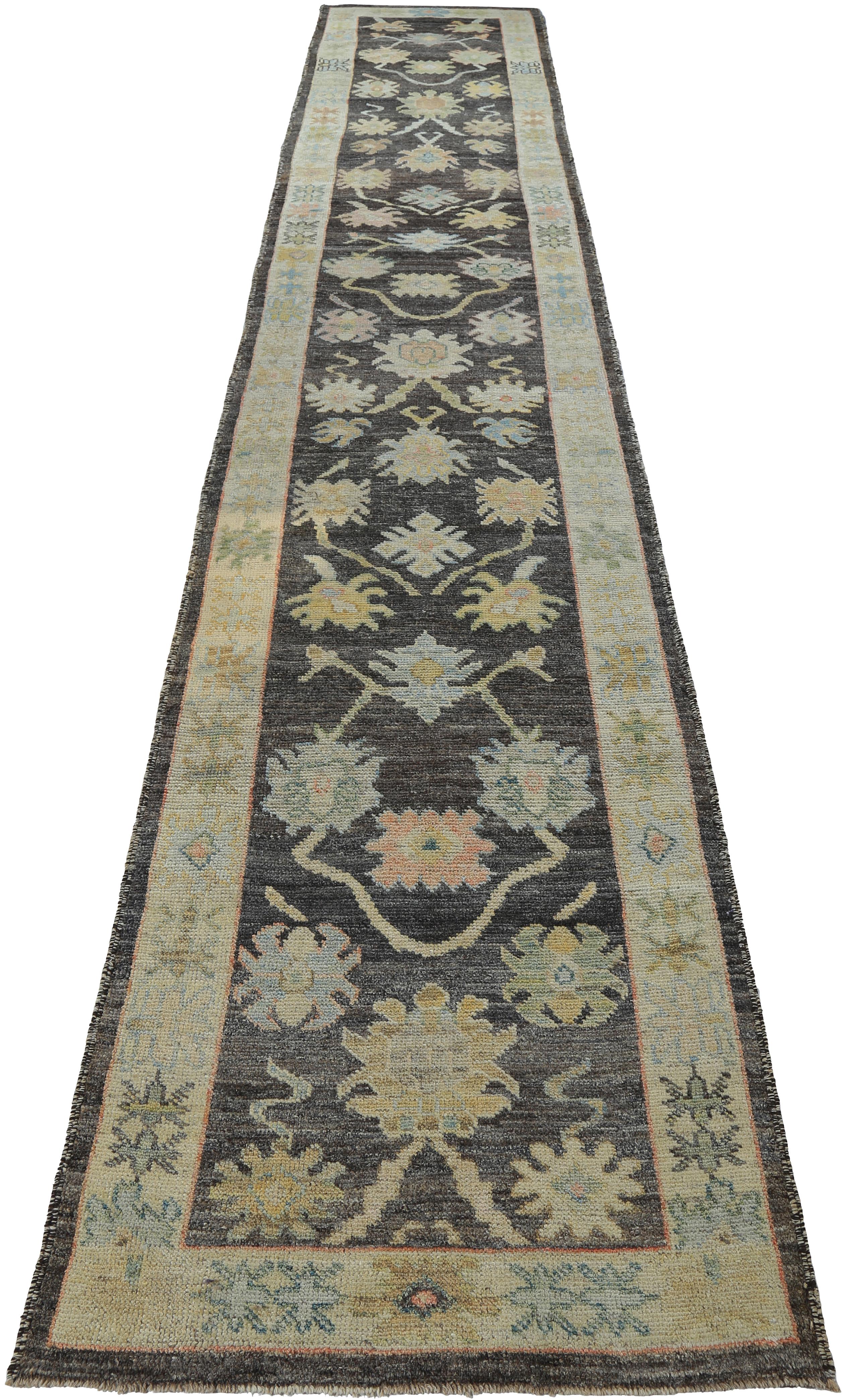 Wool Nazmiyal Collection Charcoal Background Turkish Oushak Runner 3ft 3in x 18ft 7in