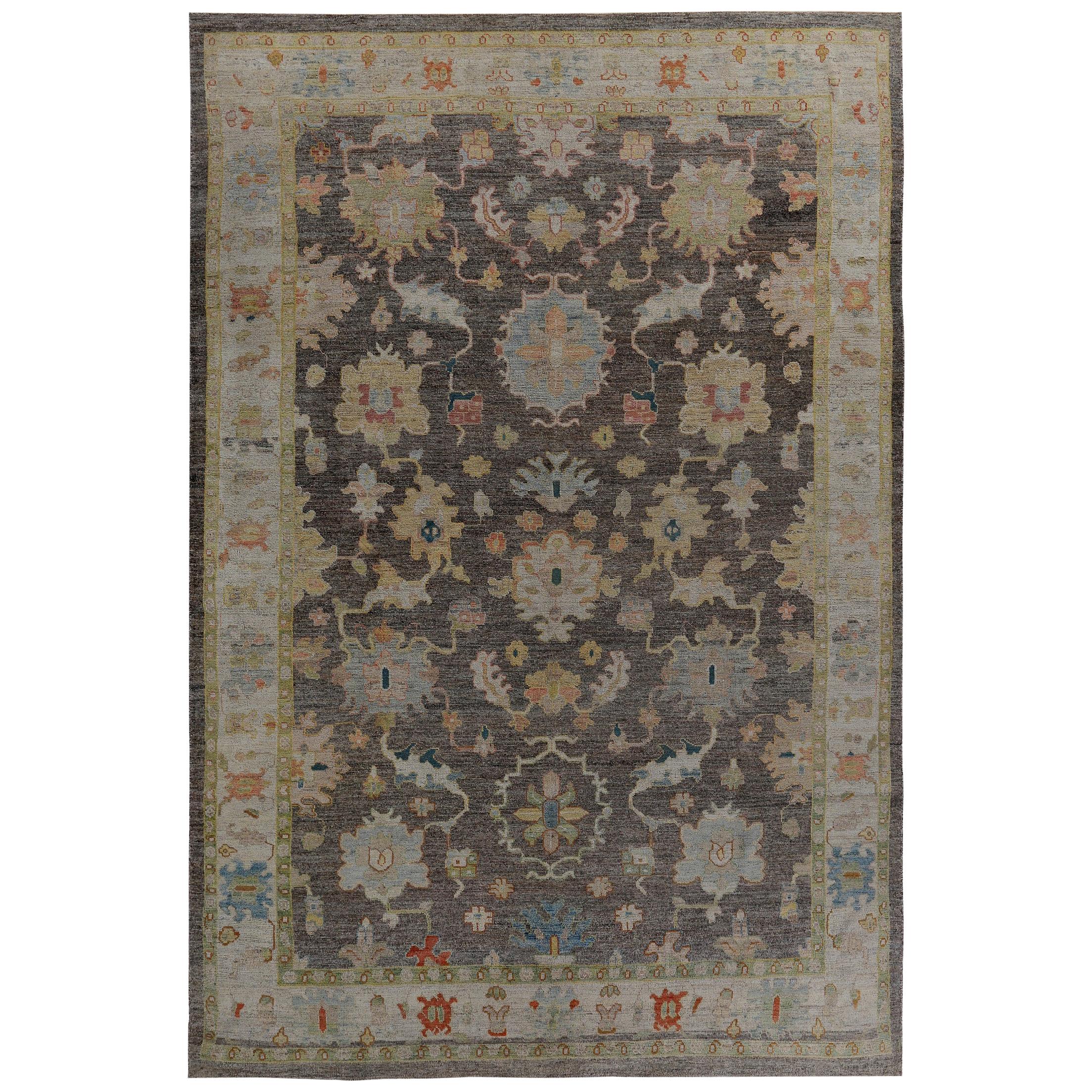 Nazmiyal Collection Charcoal Brown Modern Turkish Oushak Rug 11 ft 6 in x 17 ft