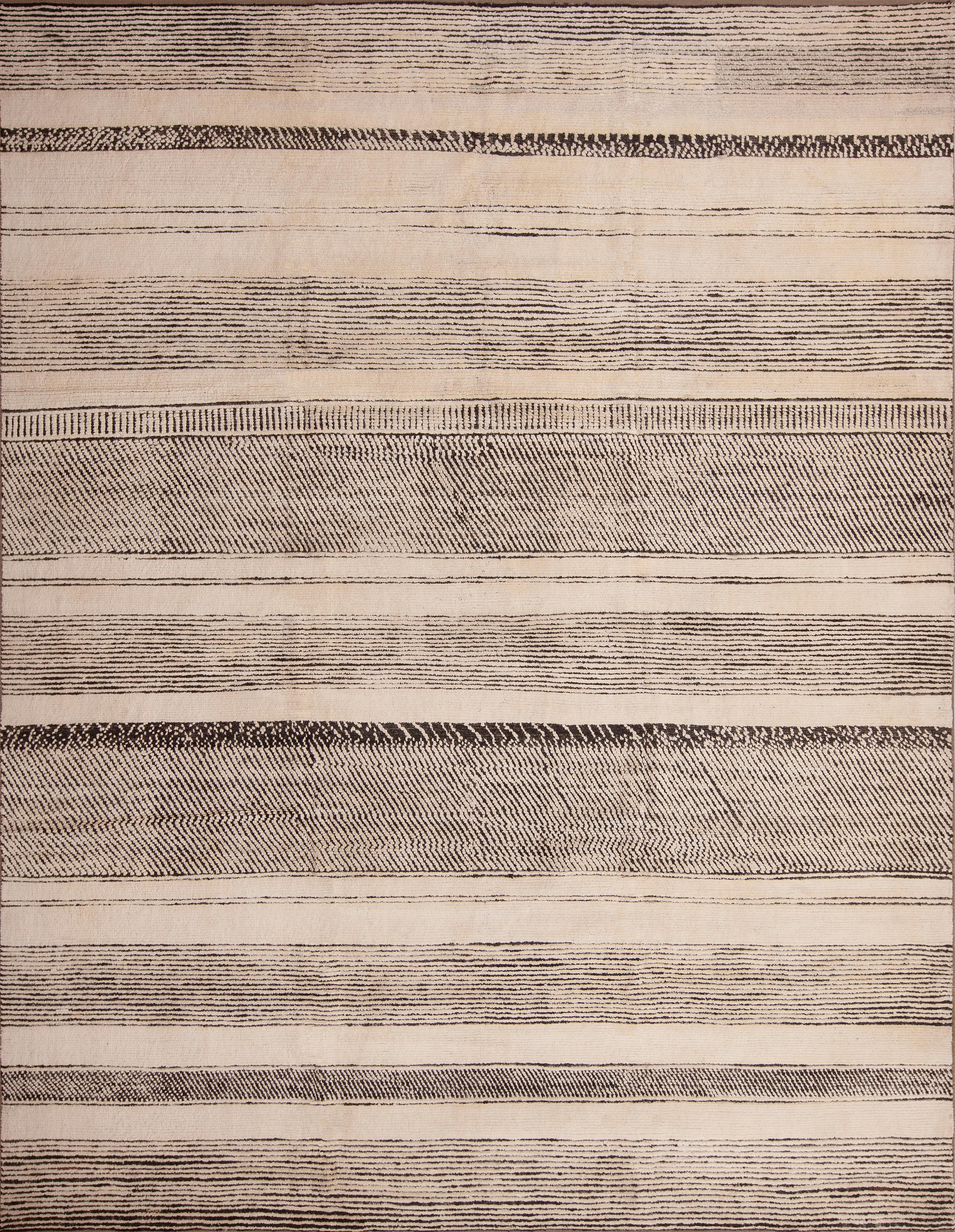 Trendy Cream And Black Handmade Wool Pile Abstract Contemporary Modern Area Rug, Country of origin: Central Asia, Circa date: Modern Rugs