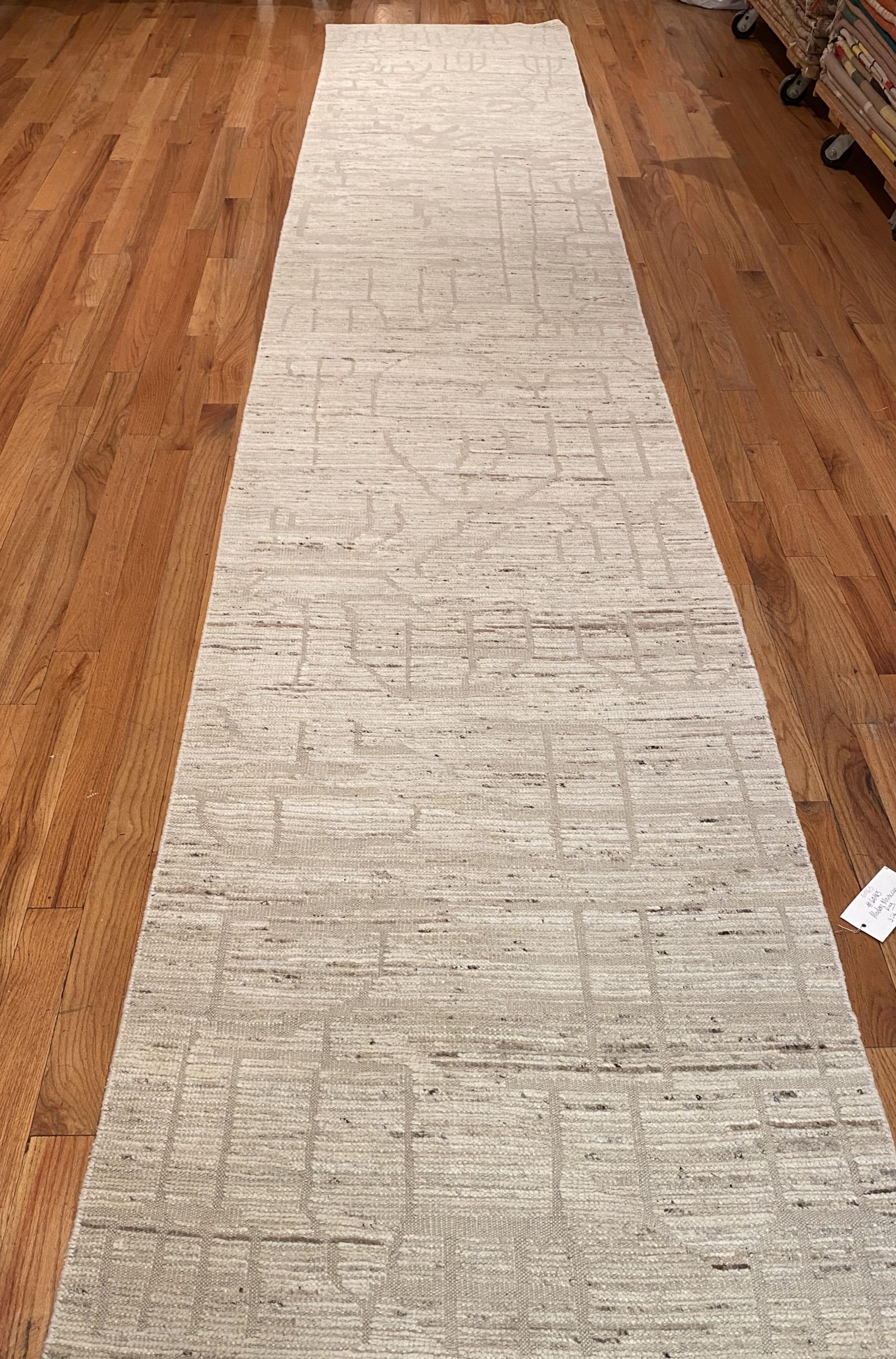 Cream Color Modern Moroccan Style Runner Rug, Country of Origin: Afghanistan. Circa date: Modern. Size: 3 ft 4 in x 19 ft (1.02 m x 5.79 m)