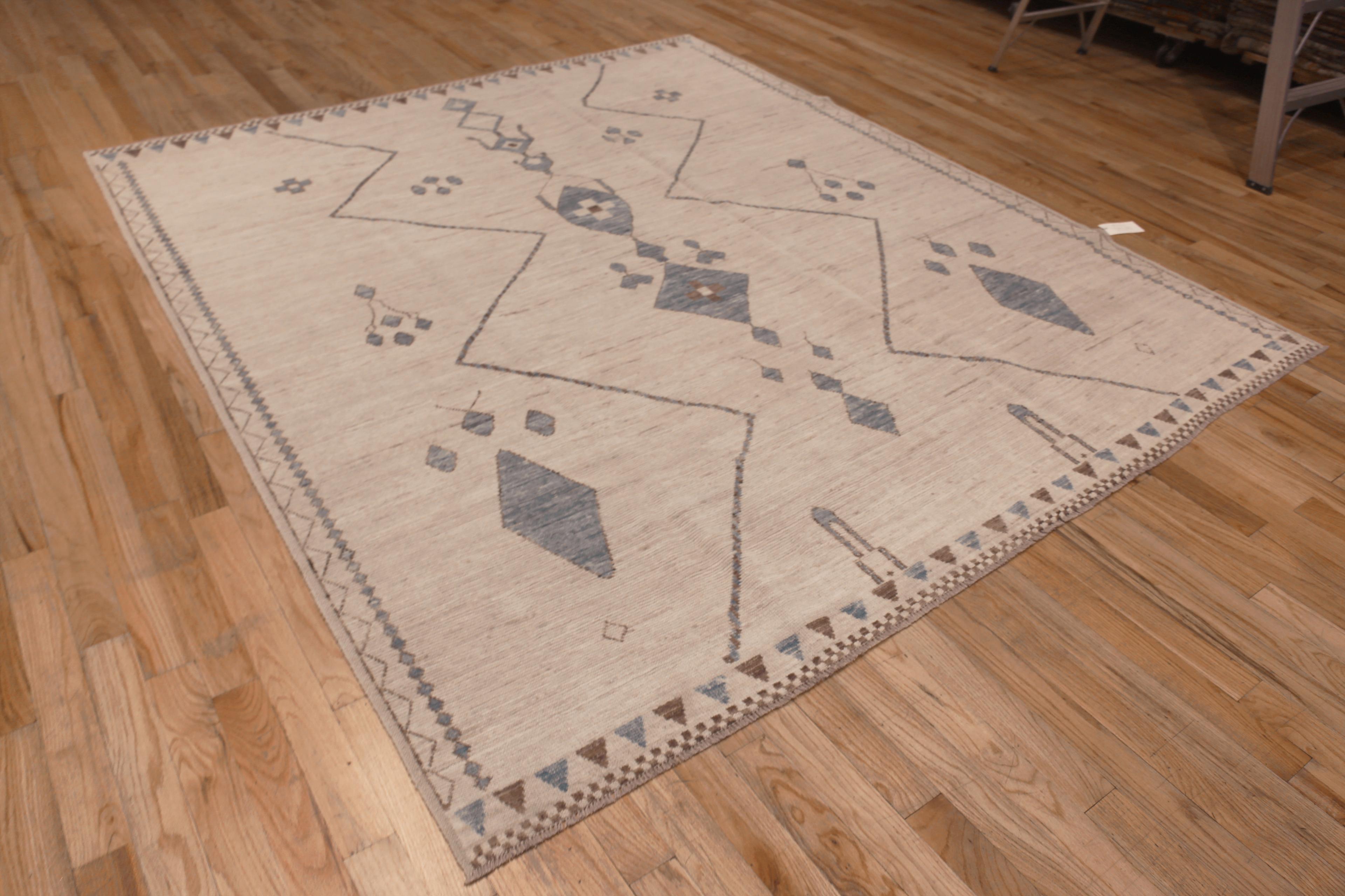 Beautifully Handcrafted Cream And Light Blue Color Open Tribal Minimalist Design Modern Room Size Area Rug, Country Of Origin: Central Asia, Circa Date: Modern Rug 