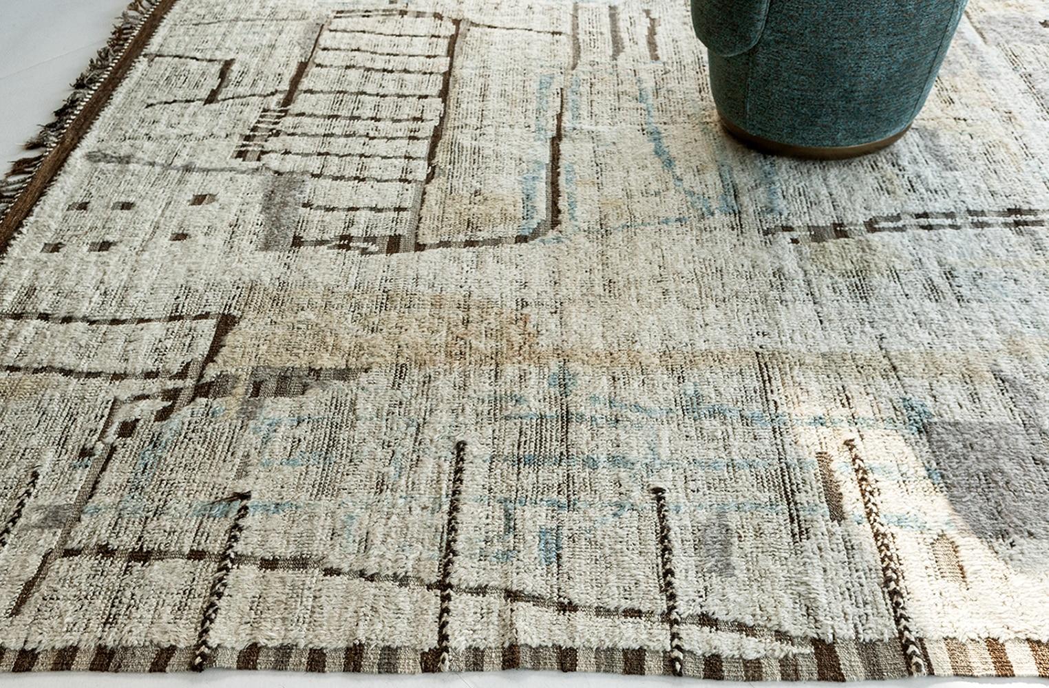 Beautiful Decorative Cream Modern Distressed Rug, Country of Origin: Afghanistan, Circa Date: Modern – This modern distressed area rug that was woven in Afghanistan draws inspiration from primitive cultures and ancient rug weaving traditions. Its