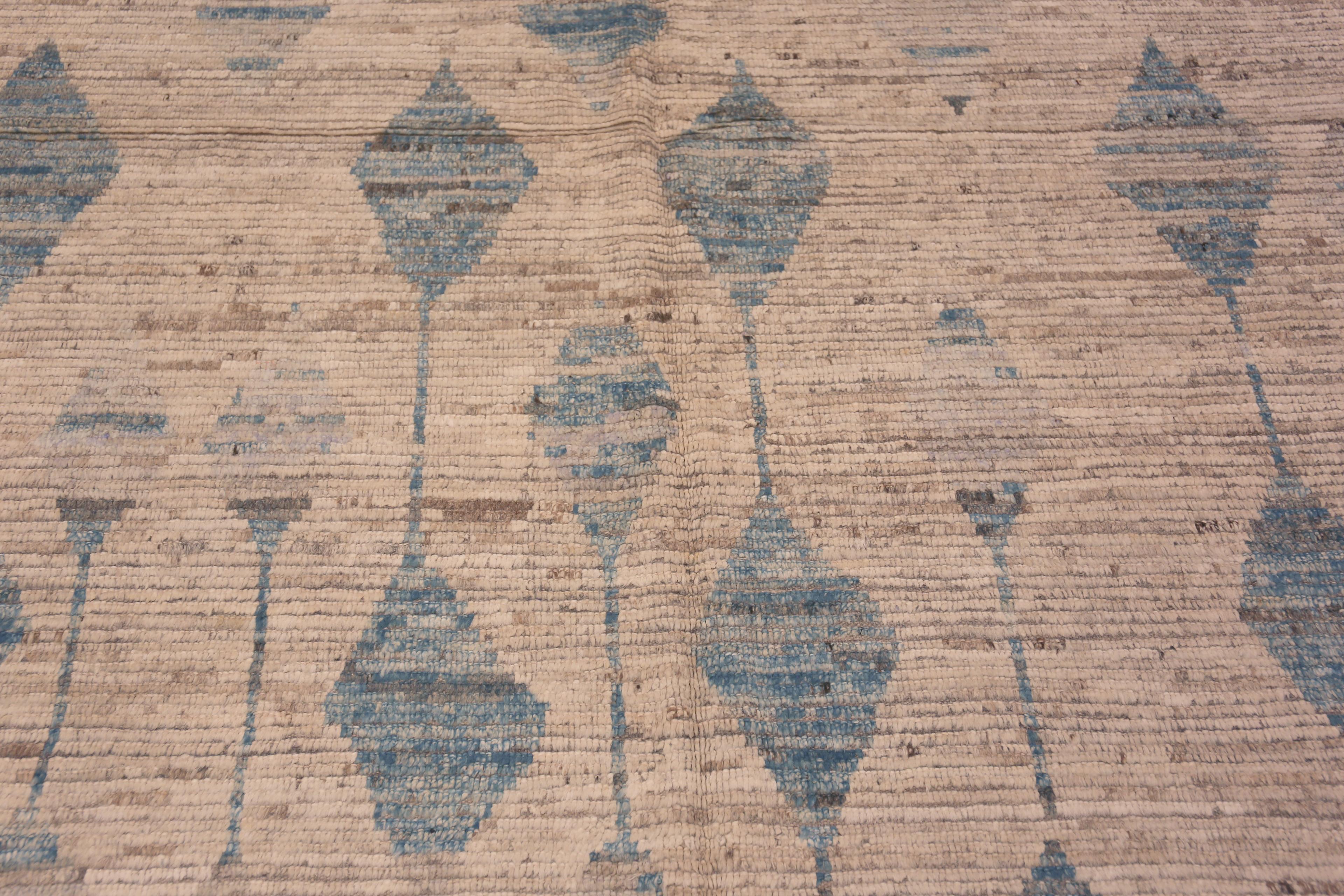 A Fascinatingly Artistic and Decorative Ivory Cream Color Background With Light Blue Tribal Geometric Pattern Modern Area Rug, Country of Origin: Central Asia, Circa Date: Modern Rug