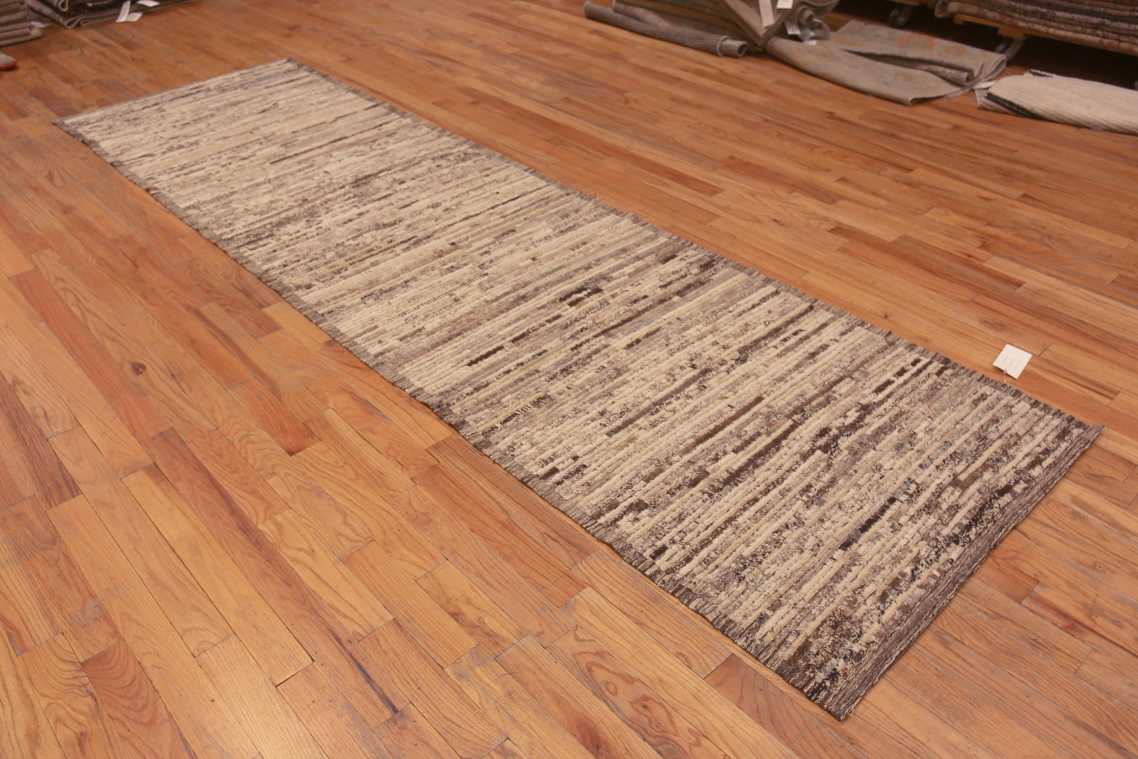 A Decorative Neutral Earthy Brown Color Abstract Abrash Pattern Modern Hallway Runner Rug, Country of Origin: Central Asia, Circa Date: Modern Rug 