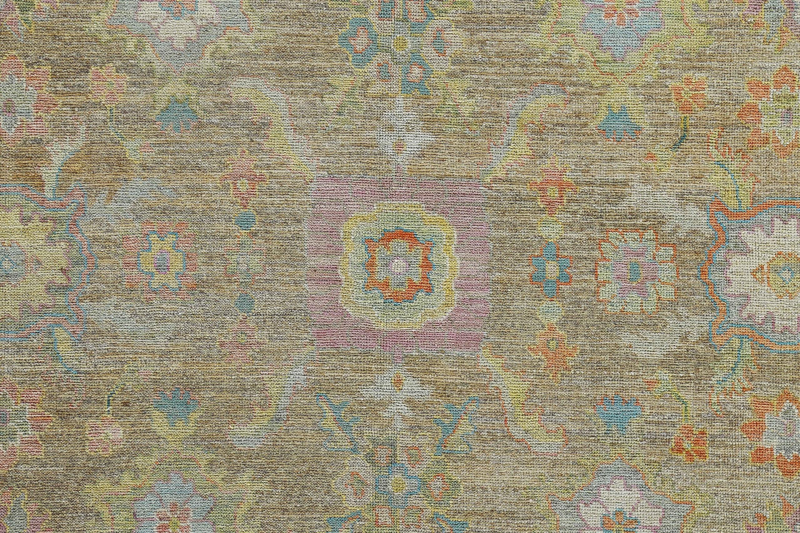 Stunning Floral Green Modern Turkish Oushak Rug, Country of Origin: Turkey, Circa Date: Modern. 10 ft 8 in x 13 ft 5 in (3.25 m x 4.09 m)