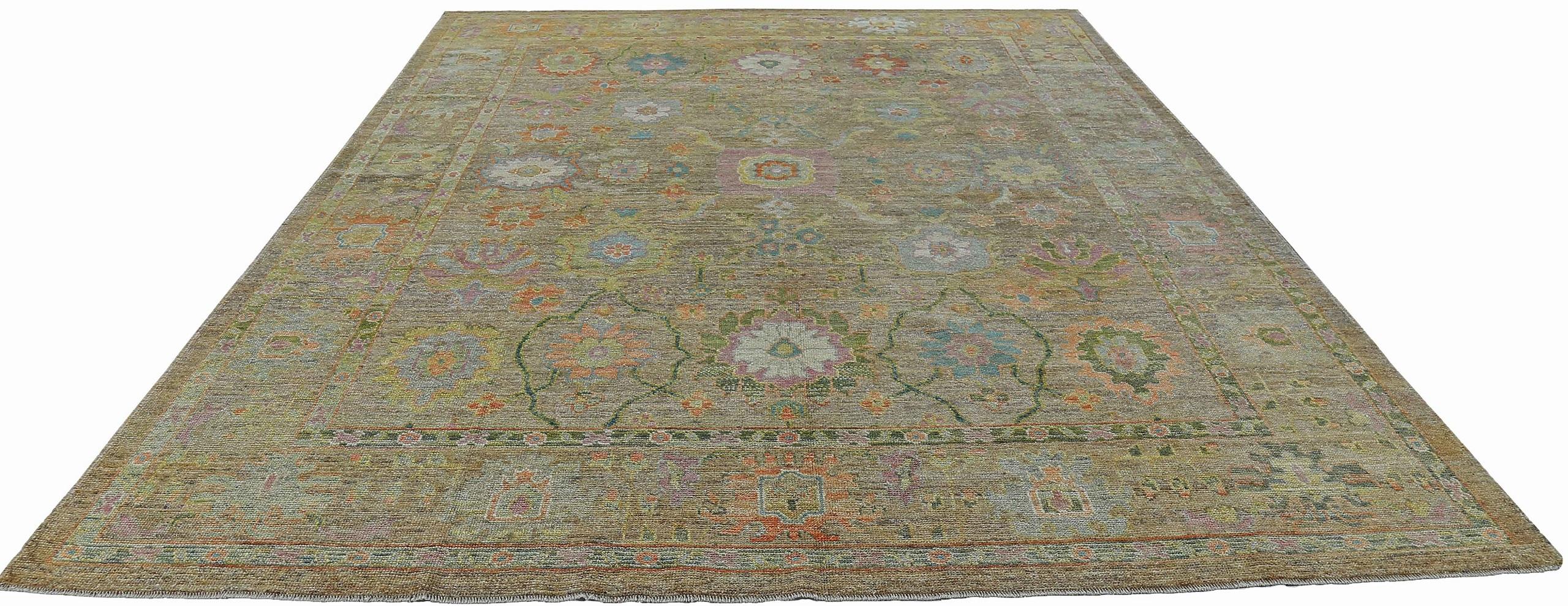 Hand-Knotted Nazmiyal Collection Floral Green Modern Turkish Oushak Rug 10 ft 8 in x 13 ft 5 