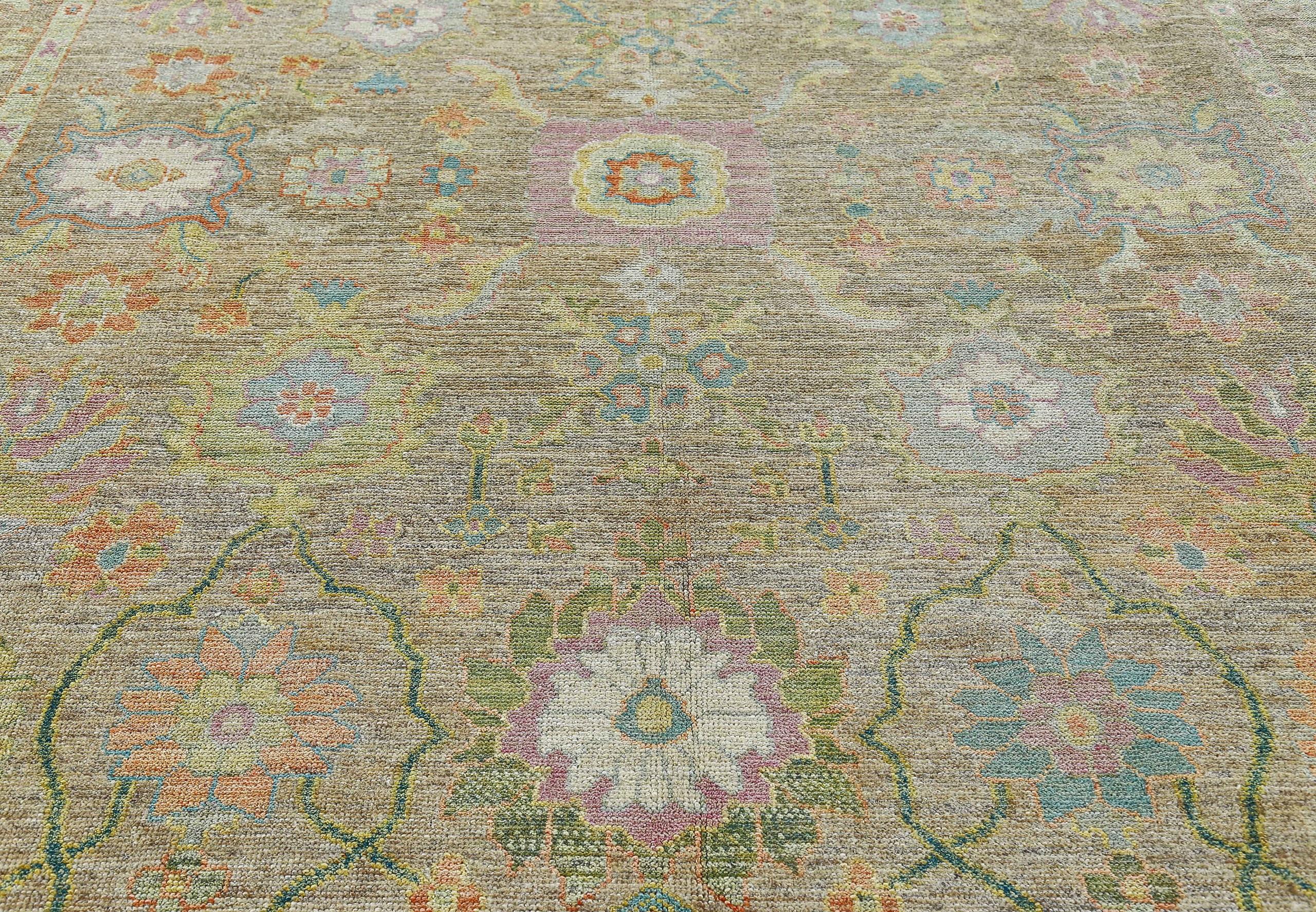 Nazmiyal Collection Floral Green Modern Turkish Oushak Rug 10 ft 8 in x 13 ft 5  In New Condition In New York, NY