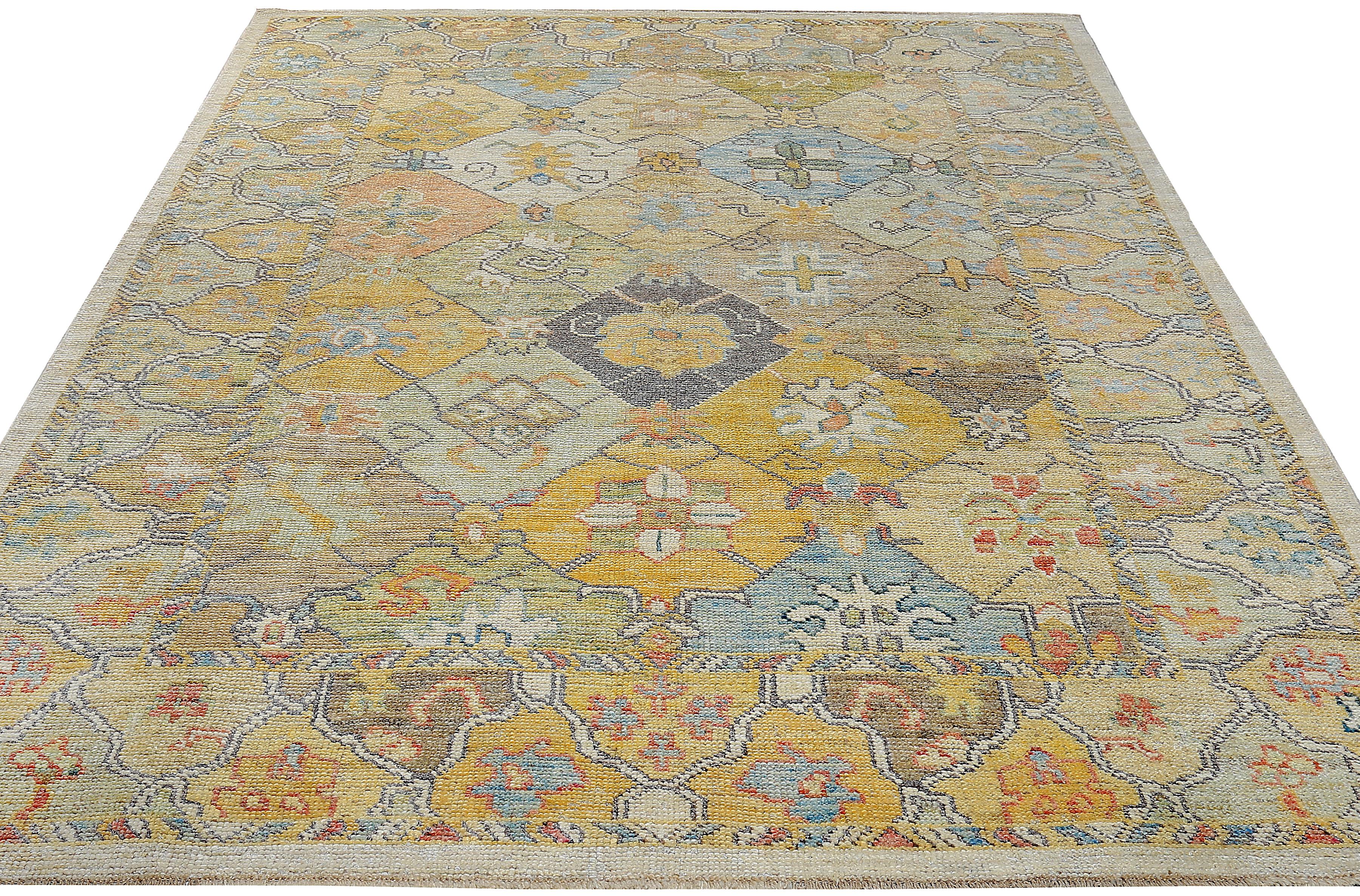 Nazmiyal Collection Garden Design Modern Turkish Oushak Rug 6 ft 10in x 9 ft 4in In New Condition For Sale In New York, NY