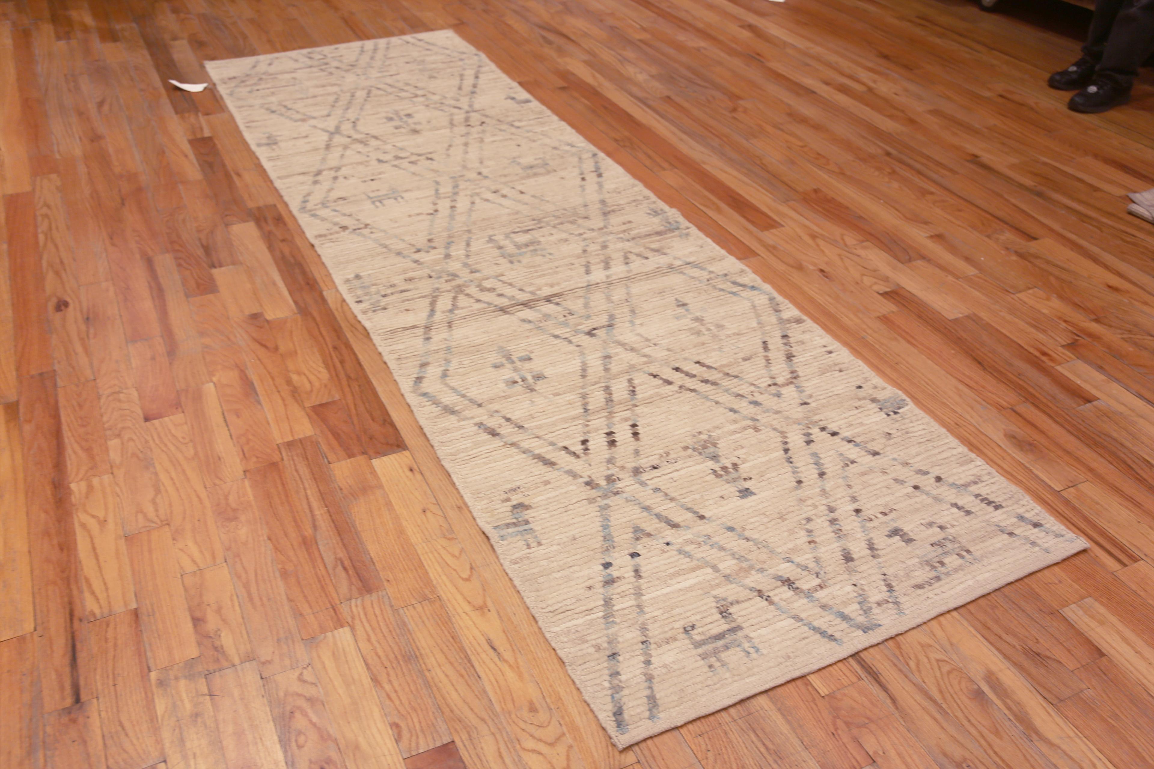 A Facinating And Artistic Light Color Geometric Design Primitive Animal Motif Modern Hallway Runner Rug, Country of Origin: Central Asia, Circa Date: Modern Rug 