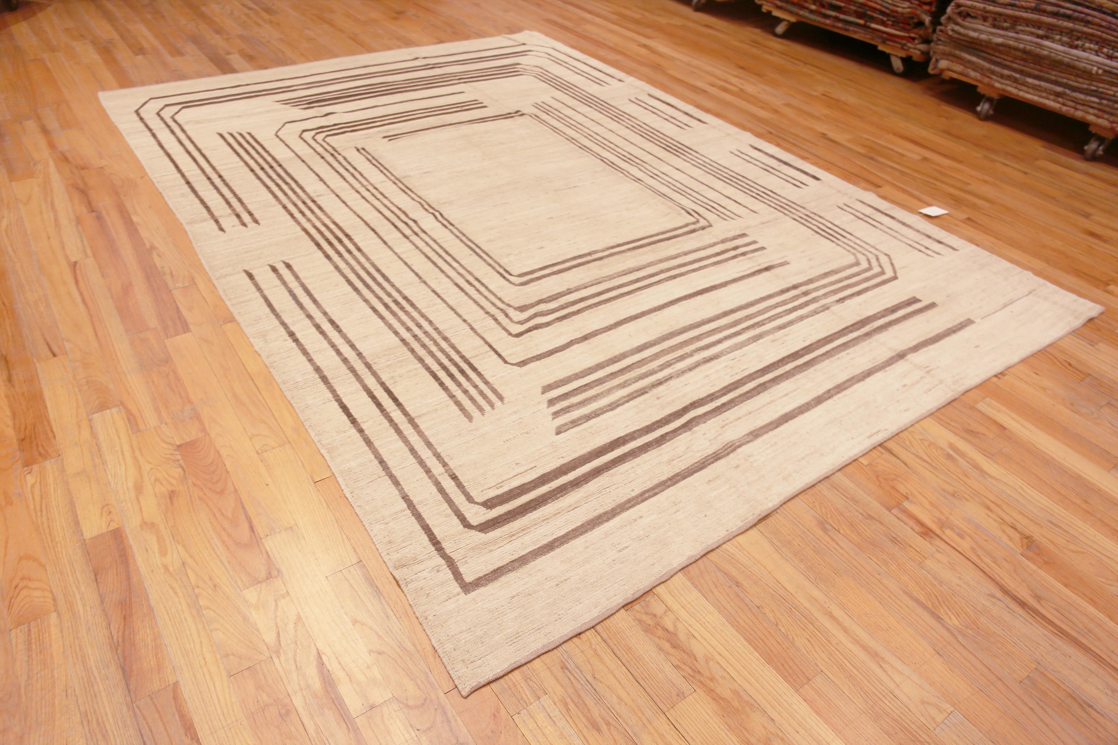 An Artistic Ivory Cream Background Brown Color Simplistic Geometric Square Pattern Modern Room Size Area Rug, Country Of Origin: Central Asia, Circa Date: Modern Rug 
