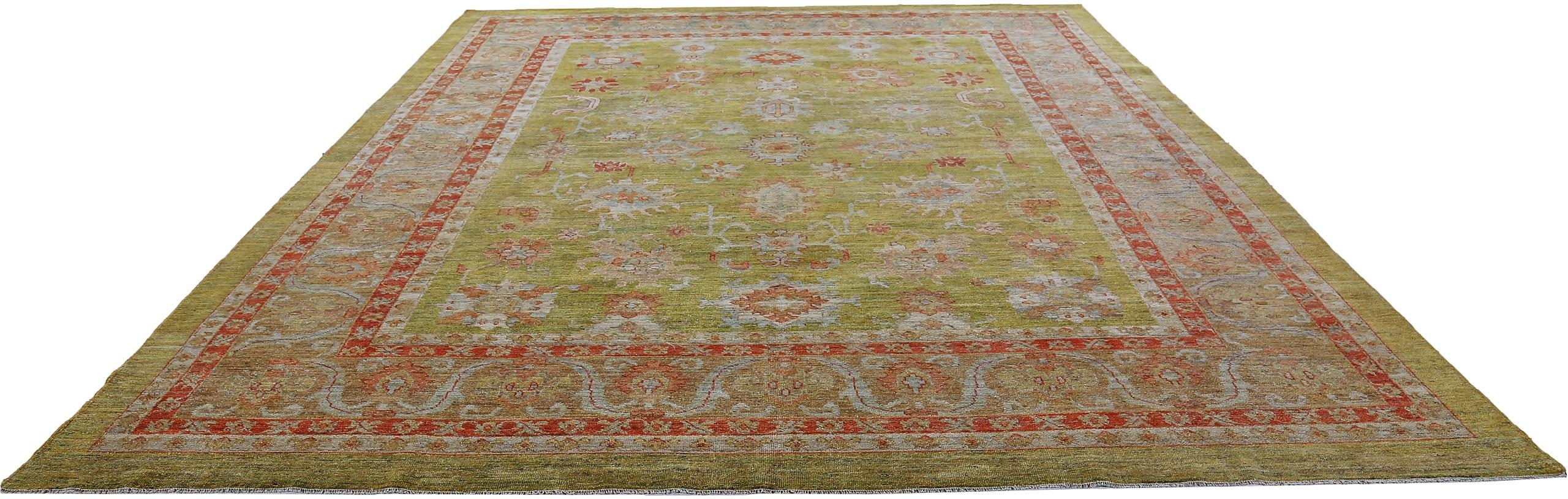 Hand-Knotted Nazmiyal Collection Green Modern Turkish Oushak Area Rug 11 ft 5 in x 14 ft