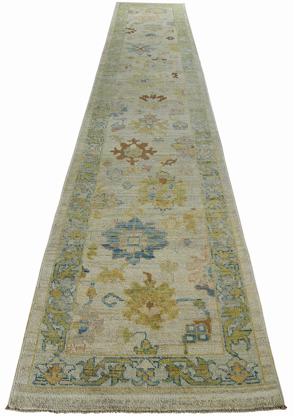 Nazmiyal Collection Green Modern Turkish Oushak Runner 3 ft 8 in x 18 ft 10 in In New Condition In New York, NY