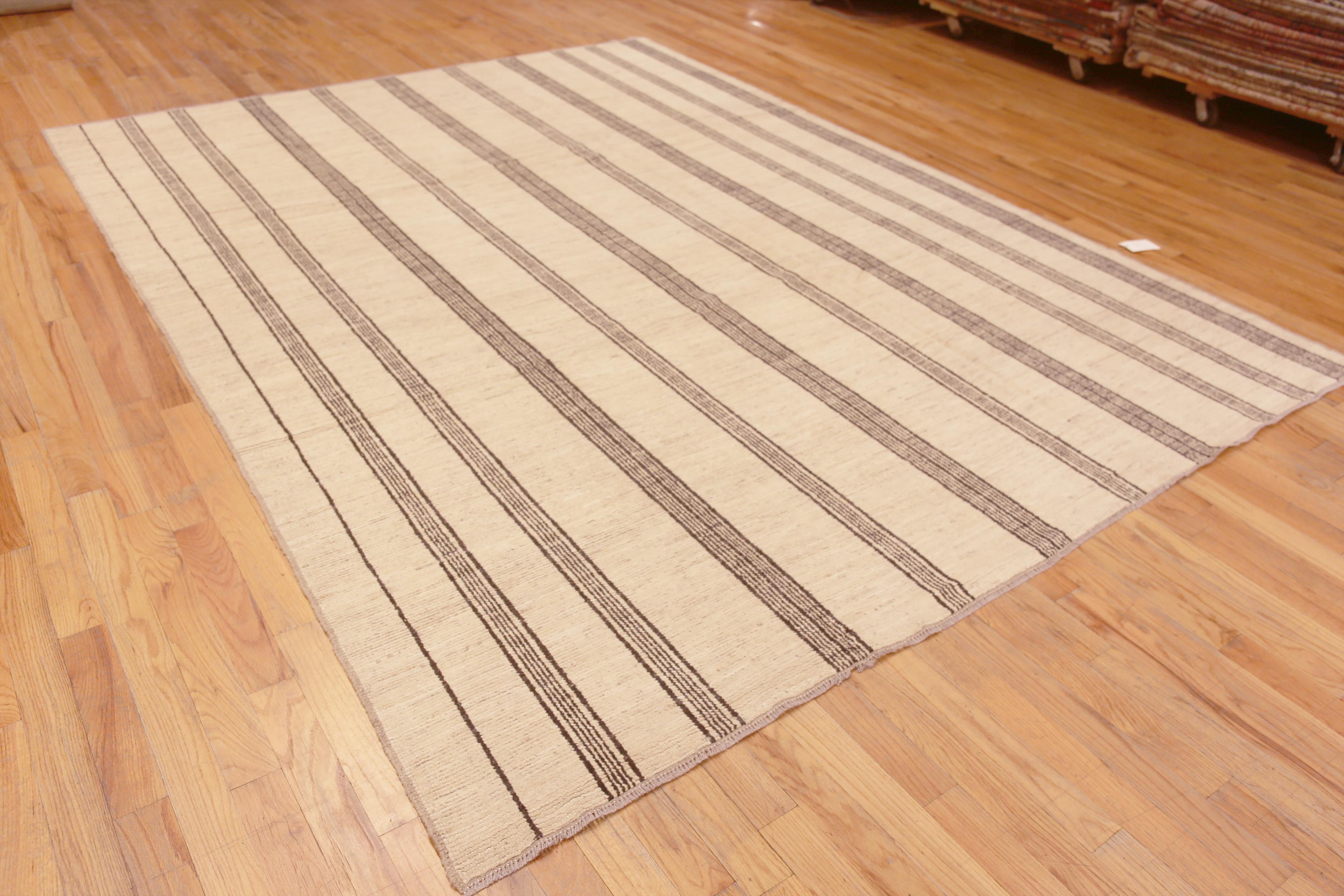 Beautiful Cream Color Handmade Wool Pile Modern Stripped Room Size Area Rug, Country Of Origin: Central Asia, Circa Date: Modern Rug 