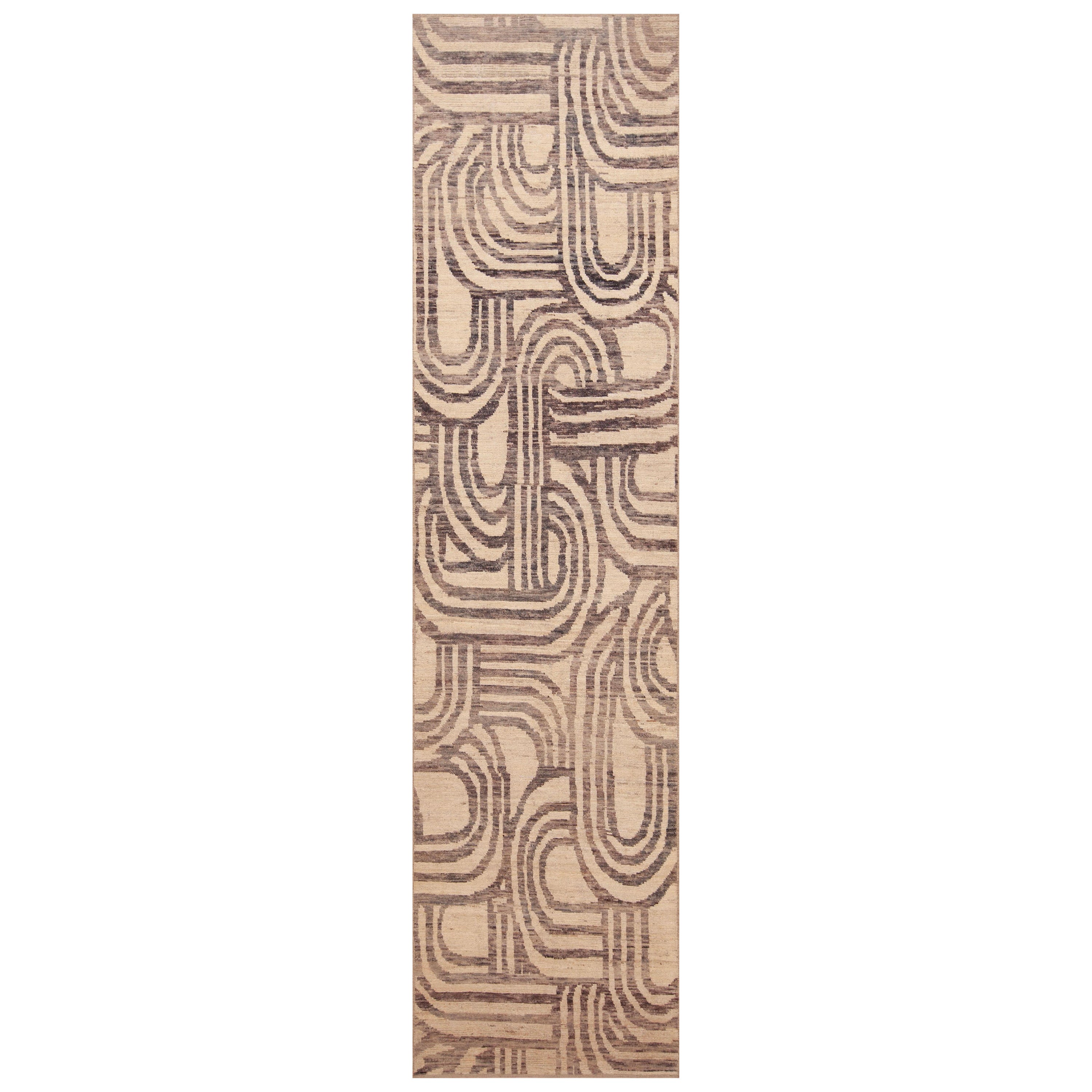 Collection Nazmiyal, design Art Déco moderne, tapis de couloir ivoire, 3'2" x 13' en vente