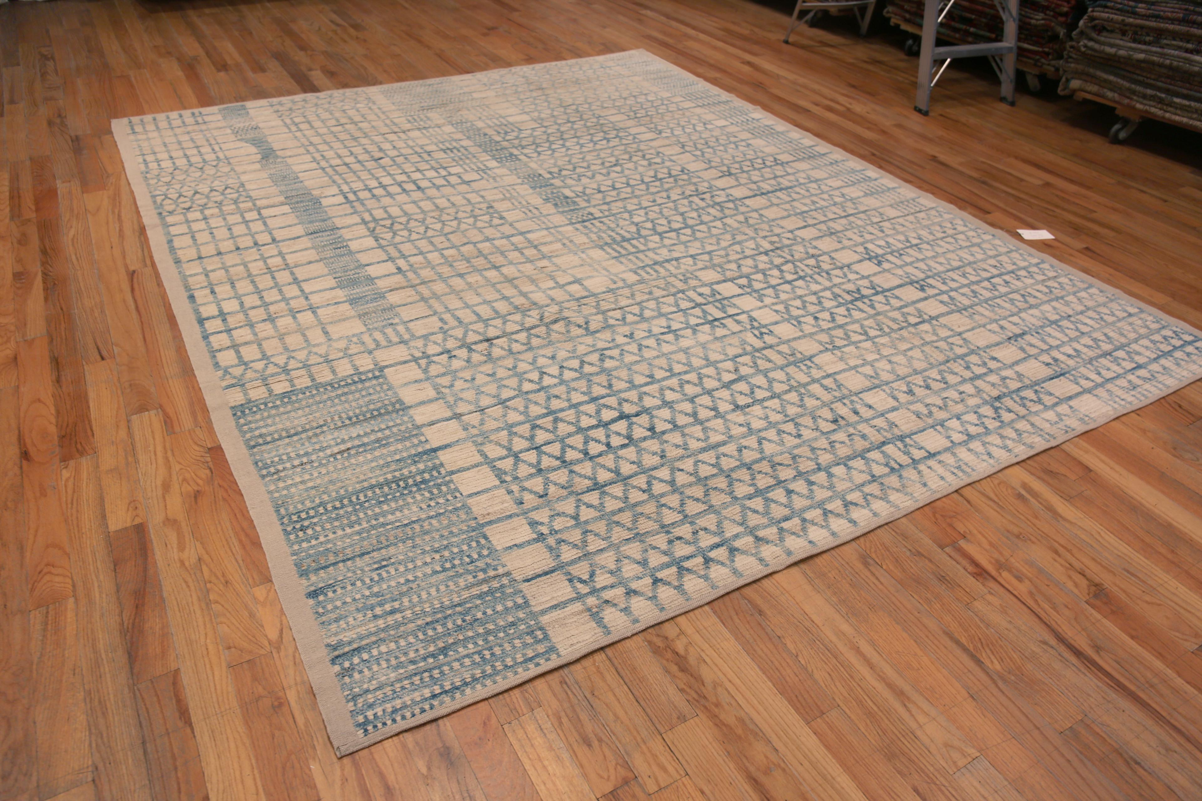 A Beautifully Artistic Light Blue And Creamy White Color Tribal Geometric Modern Room Size Area Rug, Country of Origin: Central Asia, Circa Date: Modern Rug 