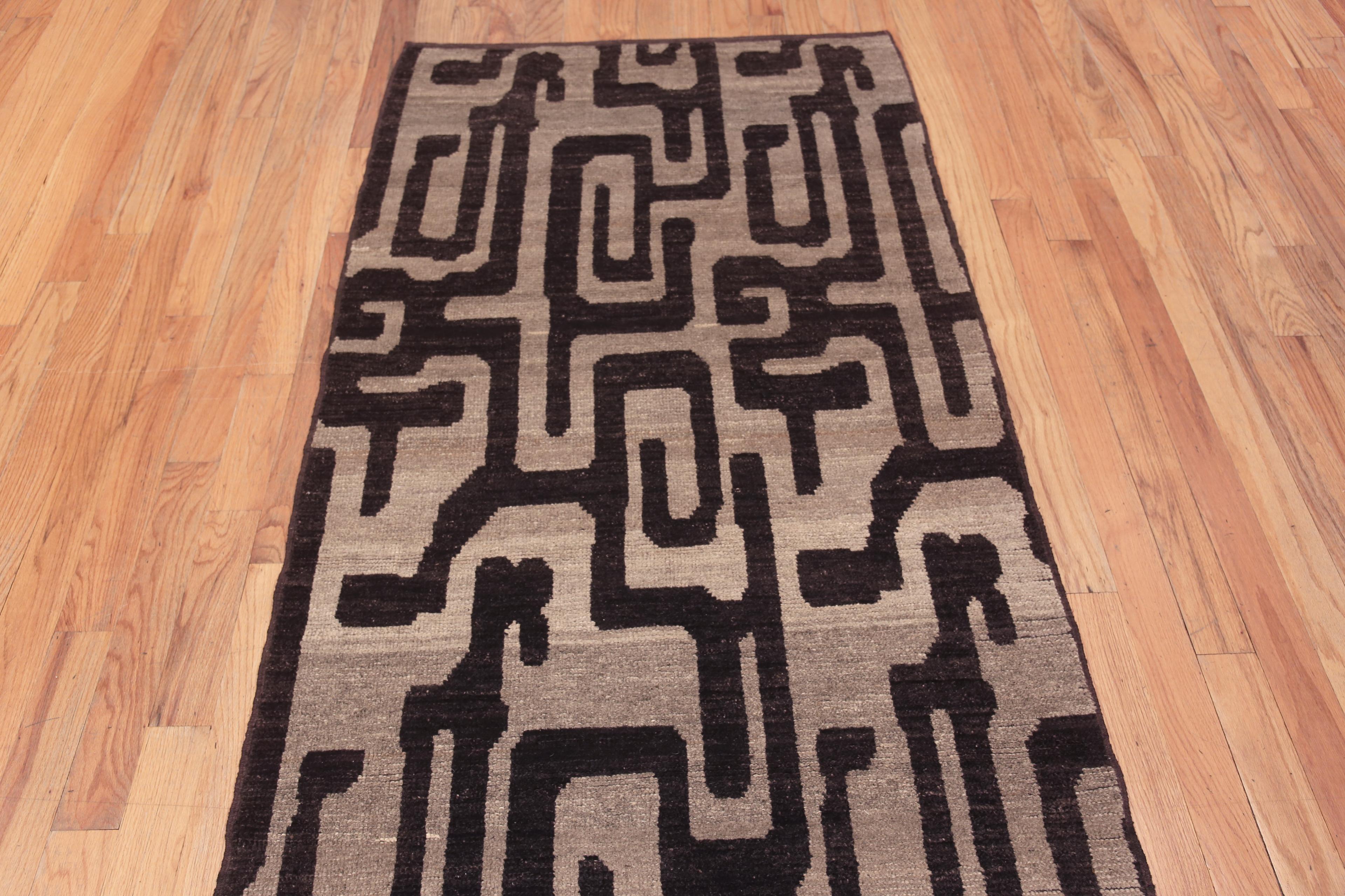 Central Asian Nazmiyal Collection Modern Bold Graphic Black And Grey Runner Rug 3'9