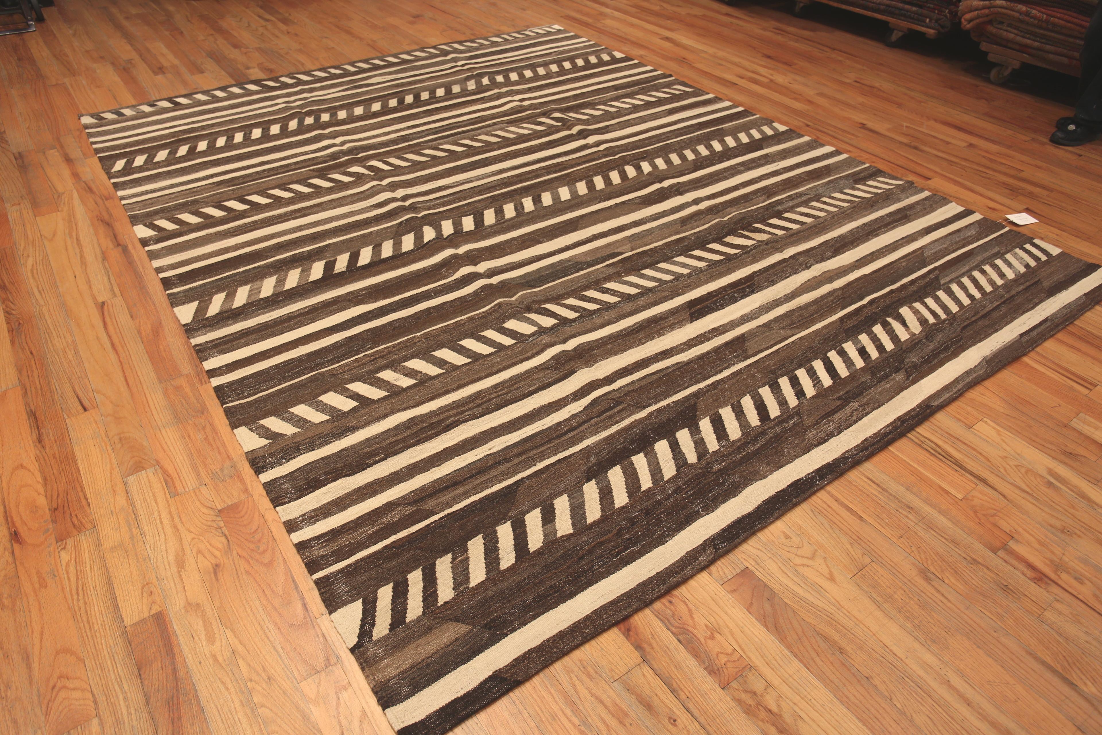 Nazmiyal Collection Modern Primitive Brown And Cream Flat Woven Kilim. Country of Origin: Central Asia, Circa date: Modern
 
