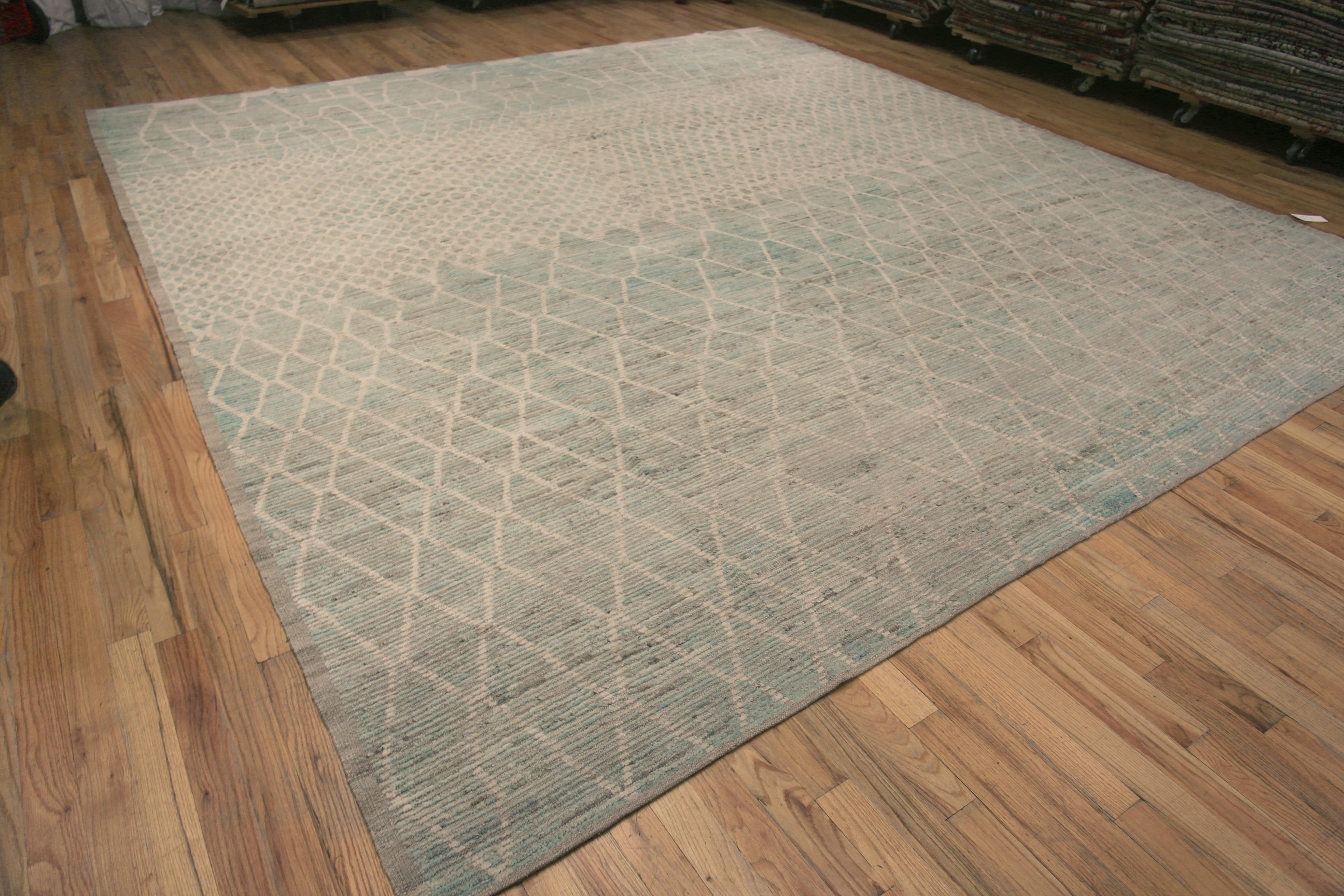 Facinating Modern Neutral Grey With Seafoam Color Abrash Geometric Tribal Design Large Square Size Area Rug, Country of Origin: Central Asia, Circa Date: Modern Rugs 